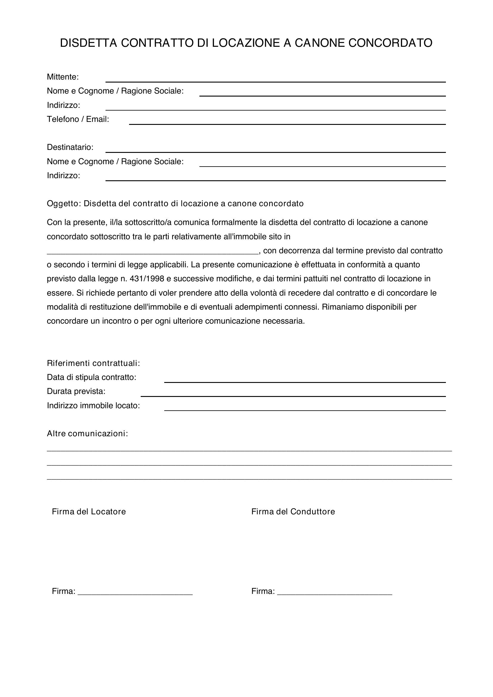 Disdetta Affitto Canone Concordato Fac Simile