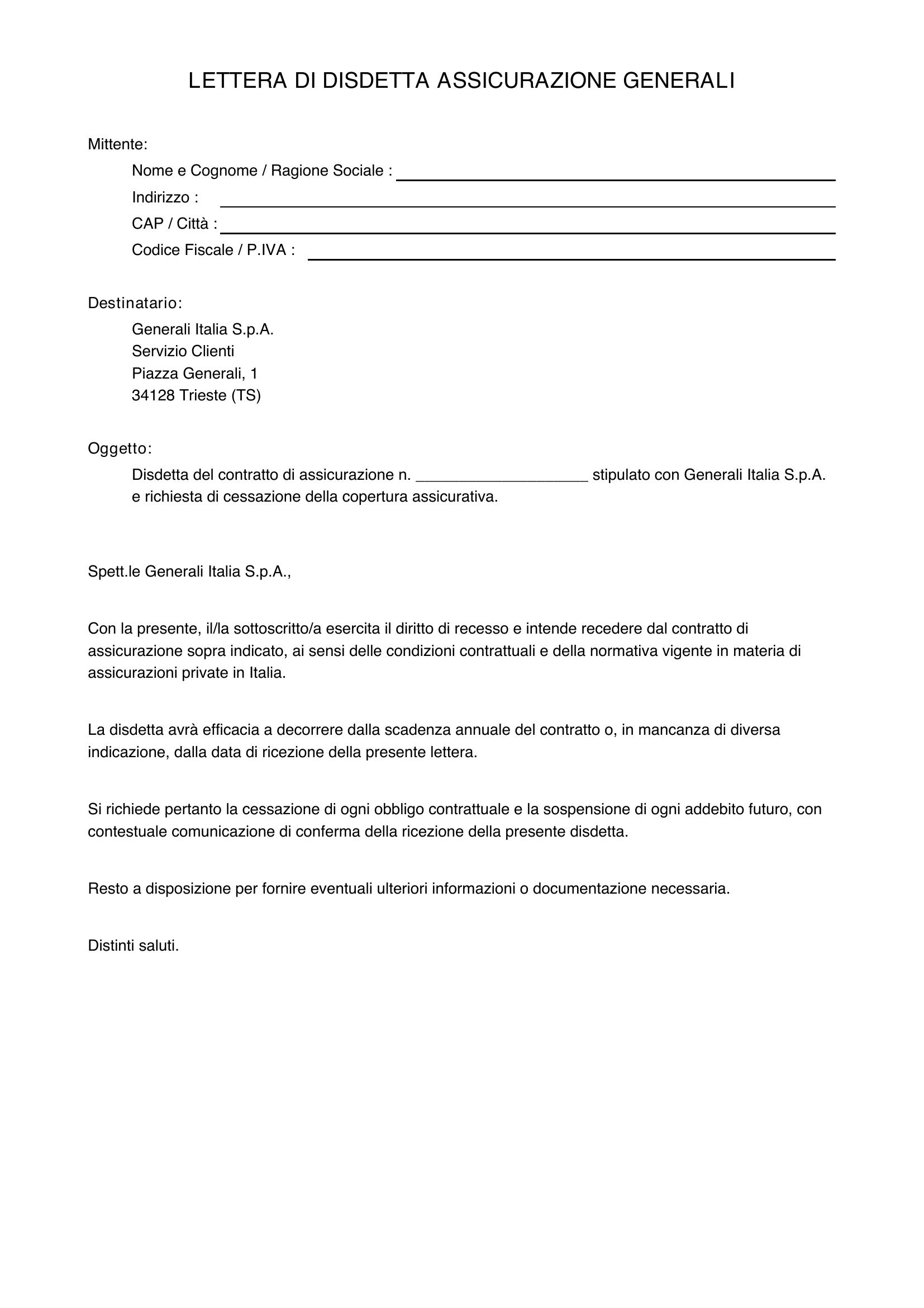 Disdetta Assicurazione Generali