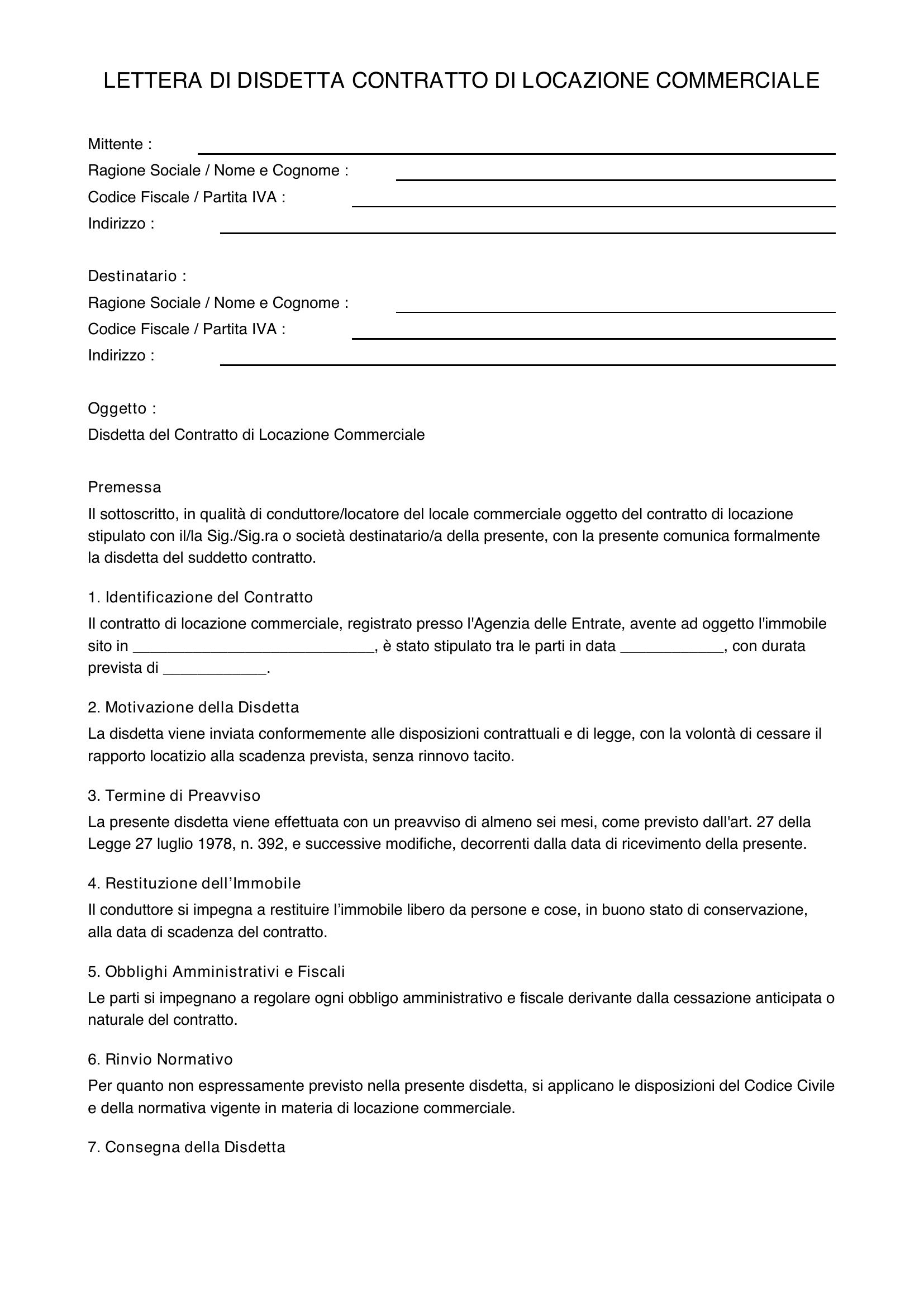 Disdetta Contratto Locazione Commerciale