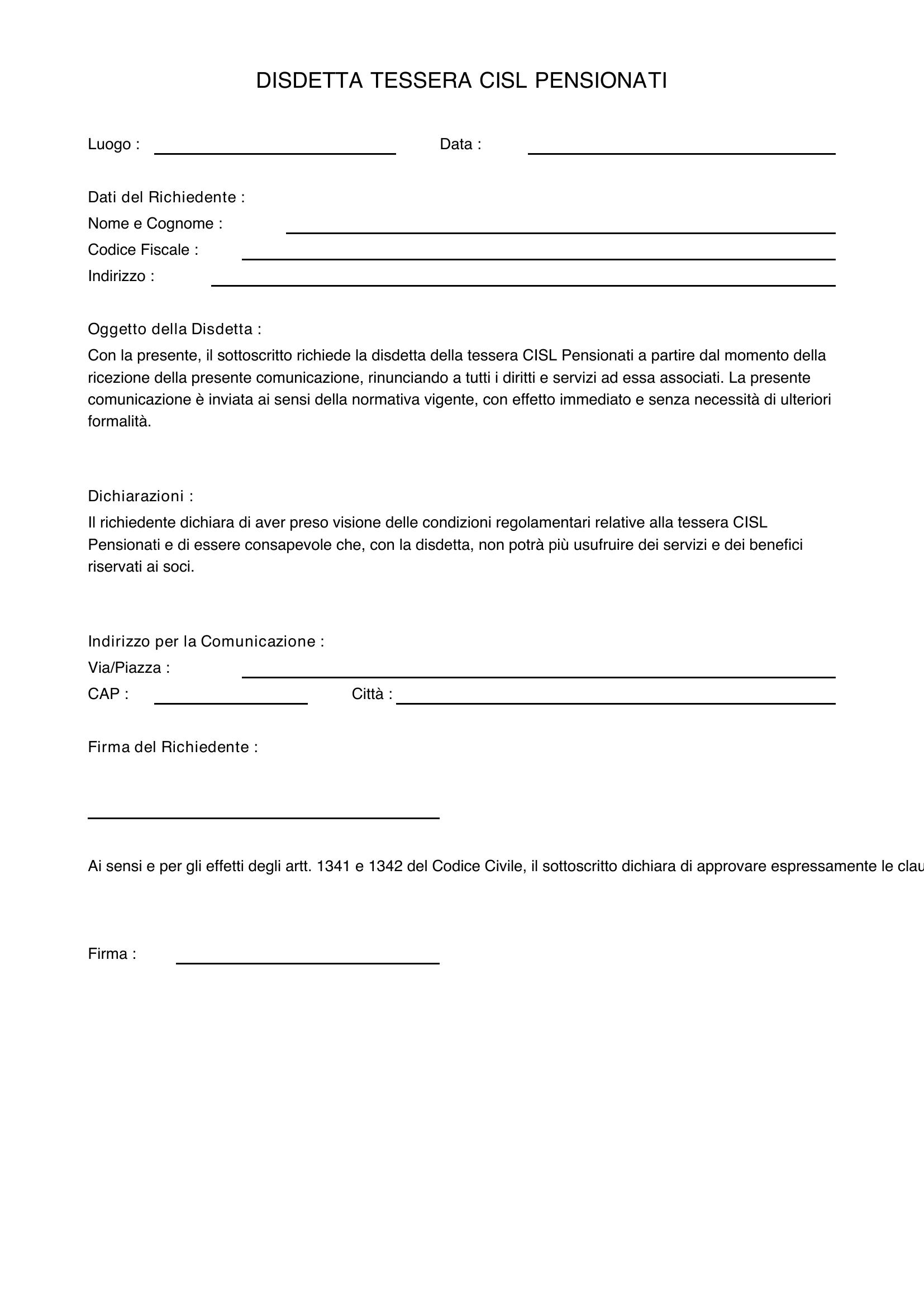 Disdetta Tessera Cisl Pensionati