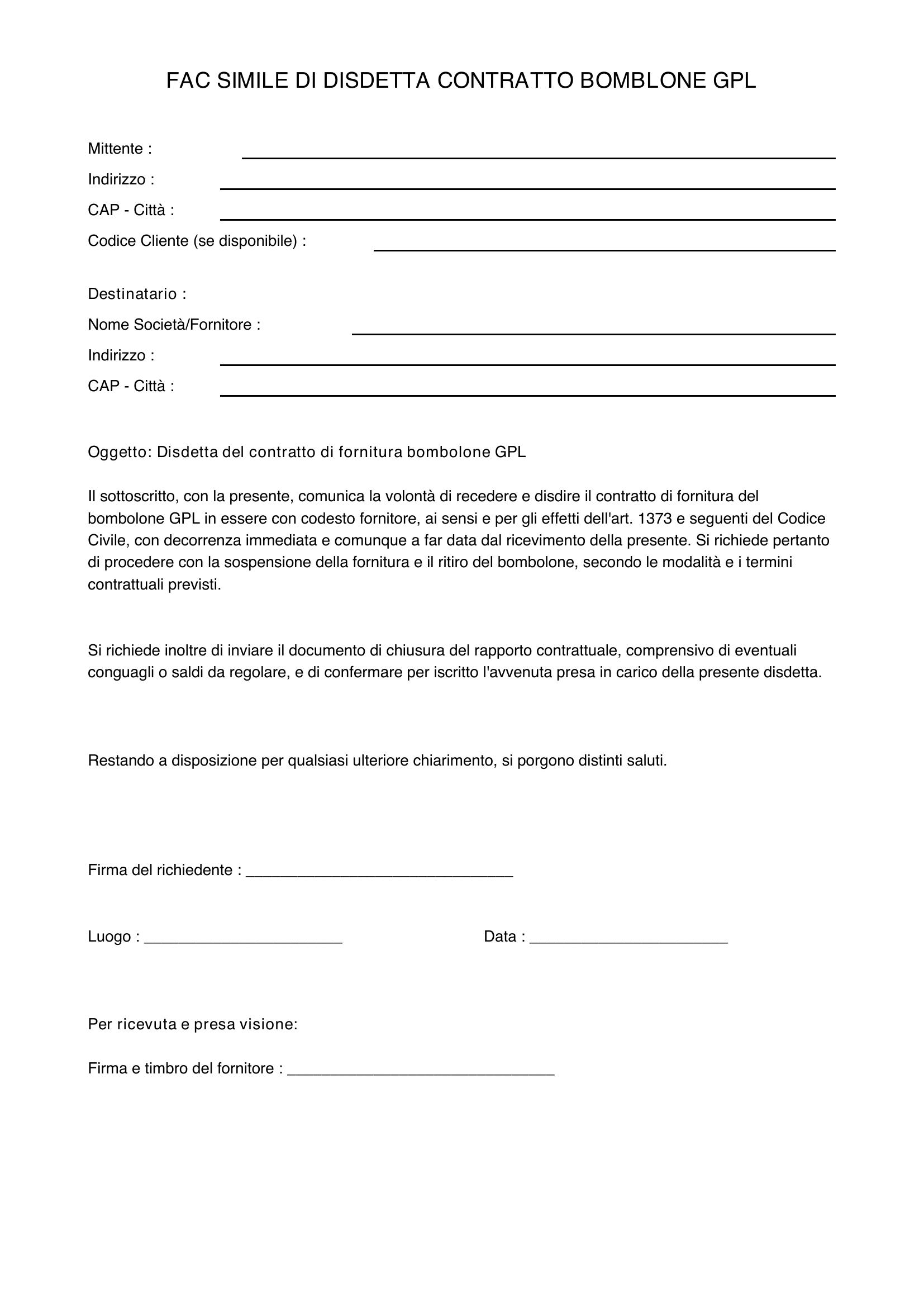 Fac Simile Della Disdetta Bombolone Gpl