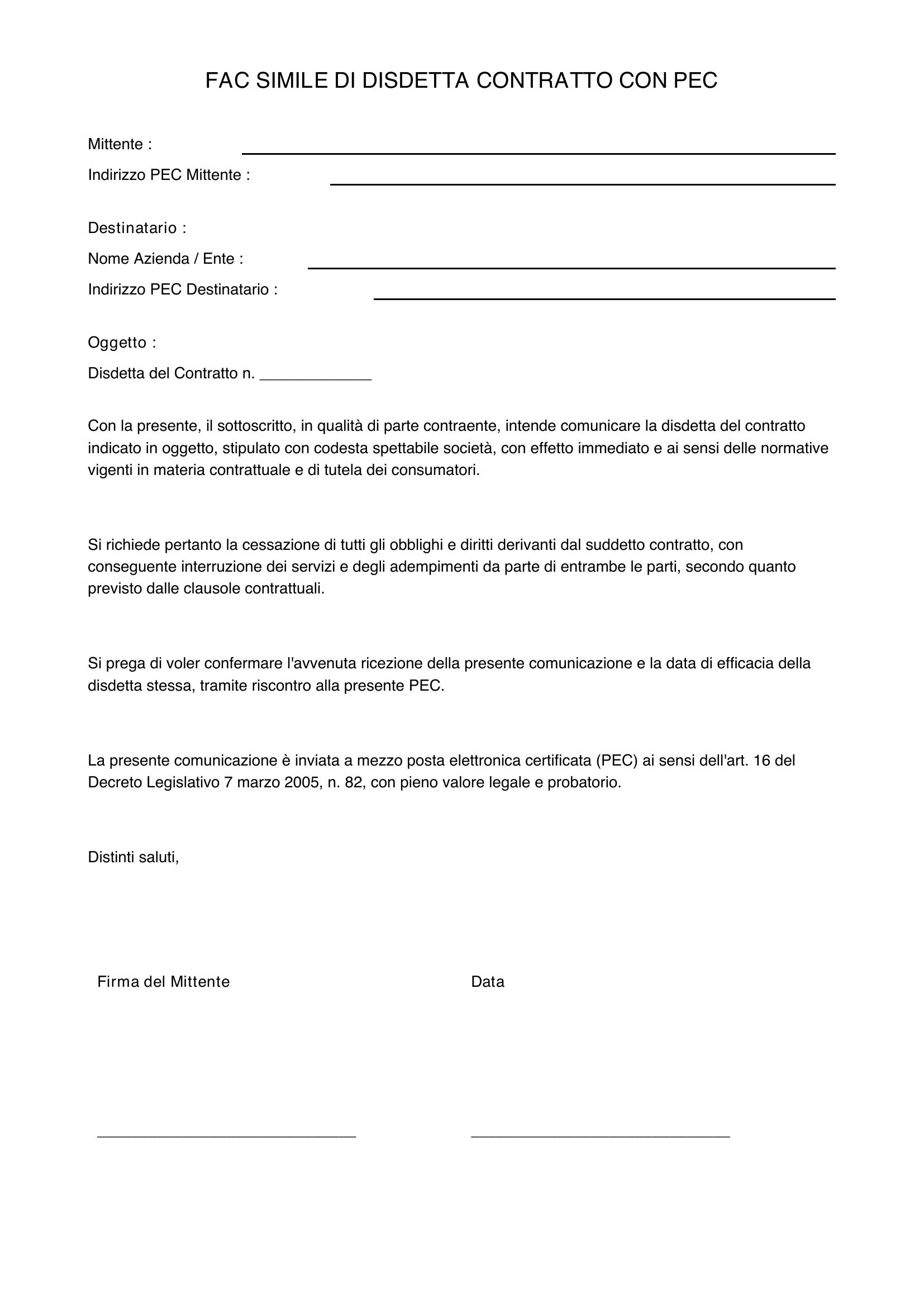 Fac Simile Pec Disdetta Contratto
