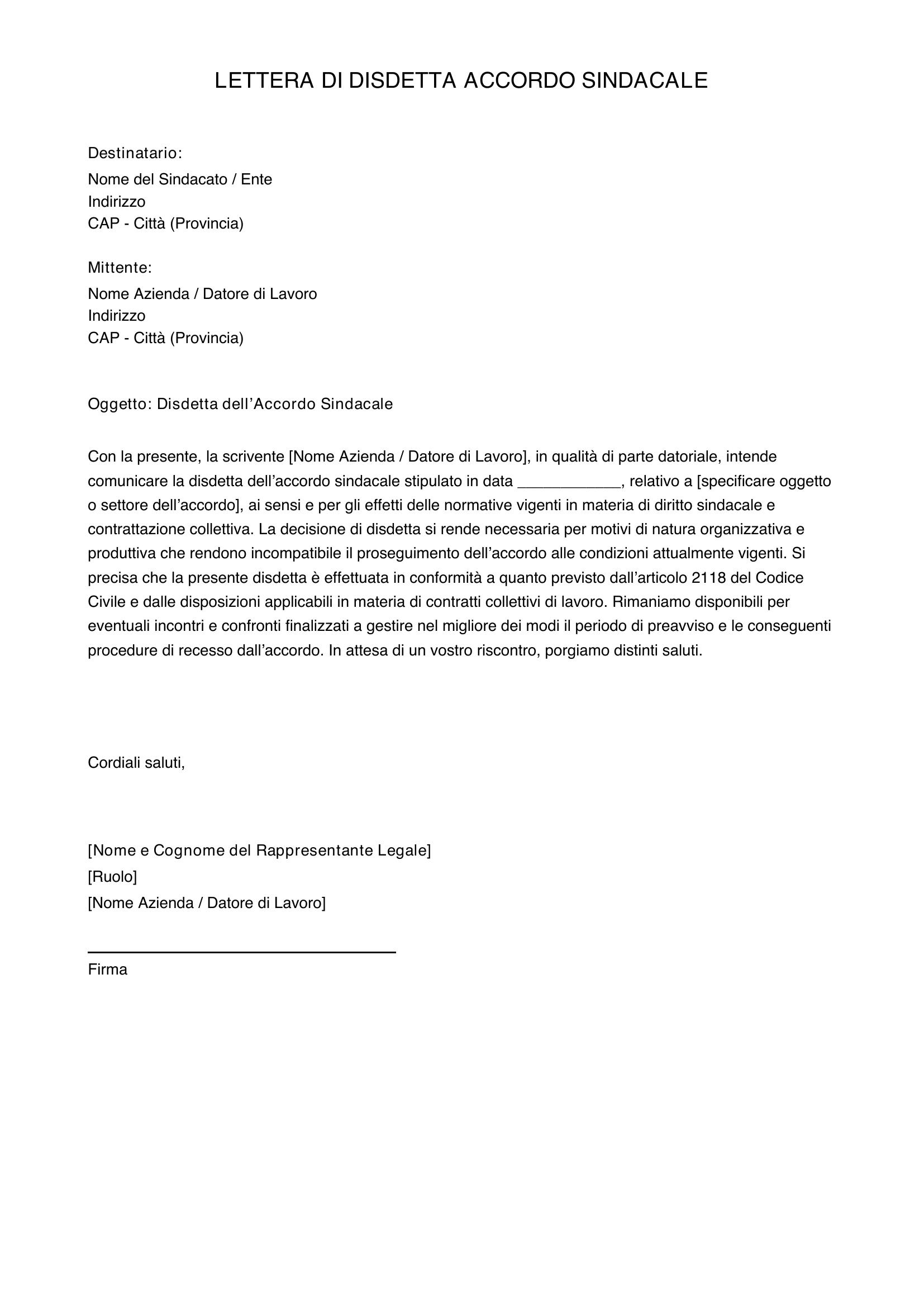 Lettera Disdetta Accordo Sindacale