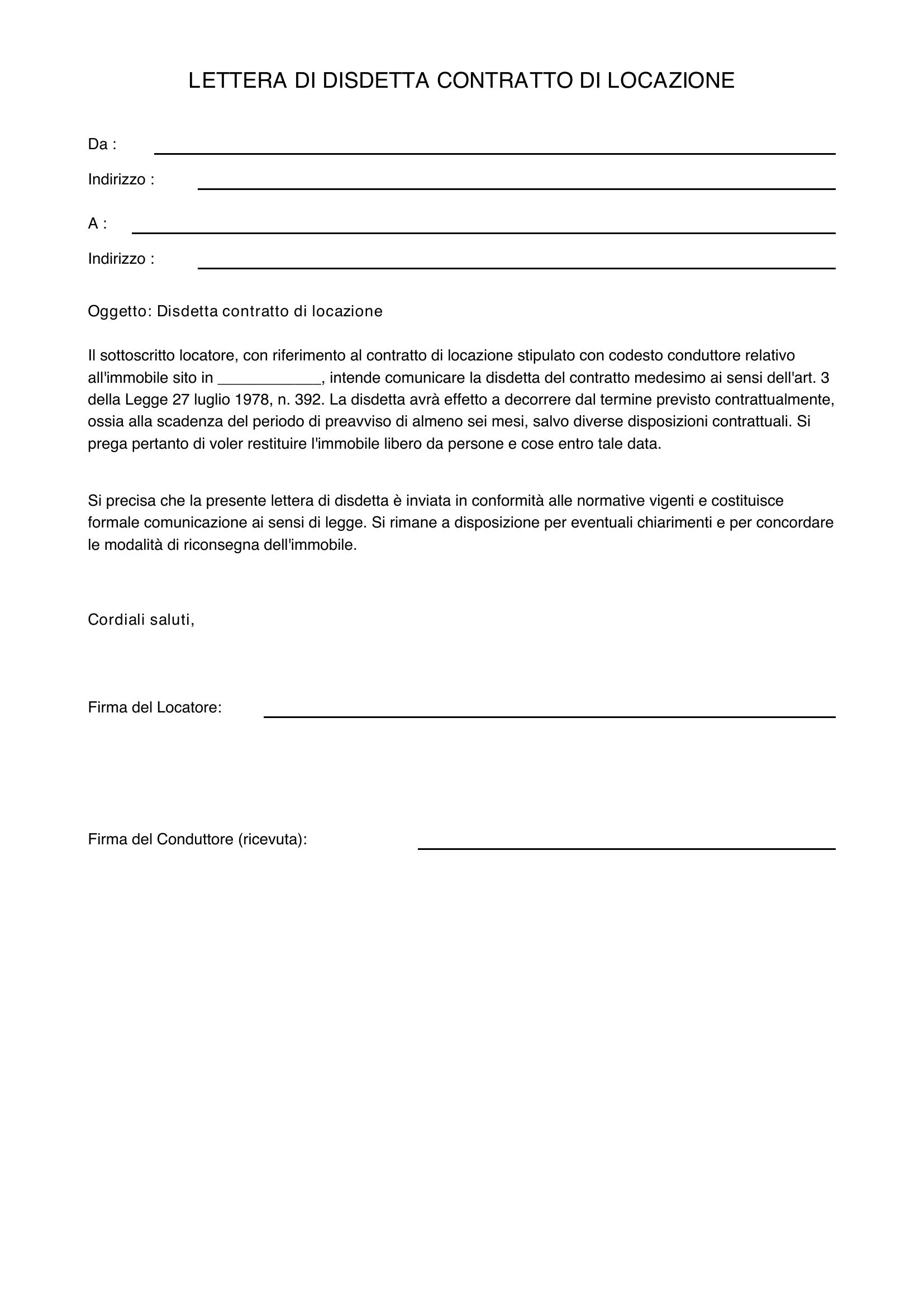 Lettera Disdetta Affitto Locatore