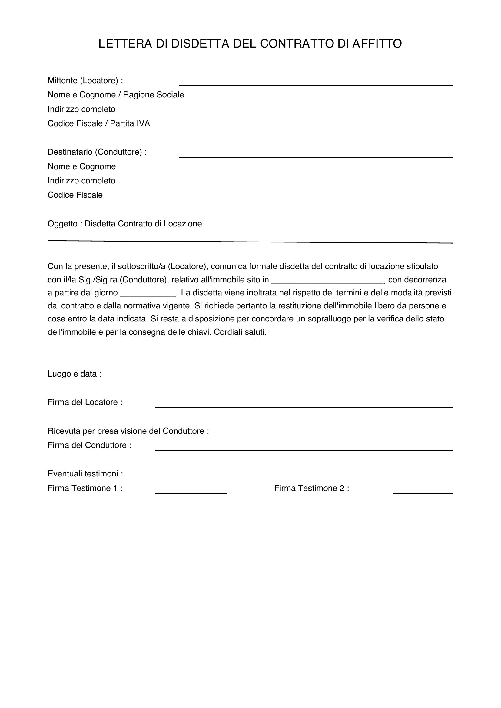 Lettera Disdetta Contratto Affitto Inquilino