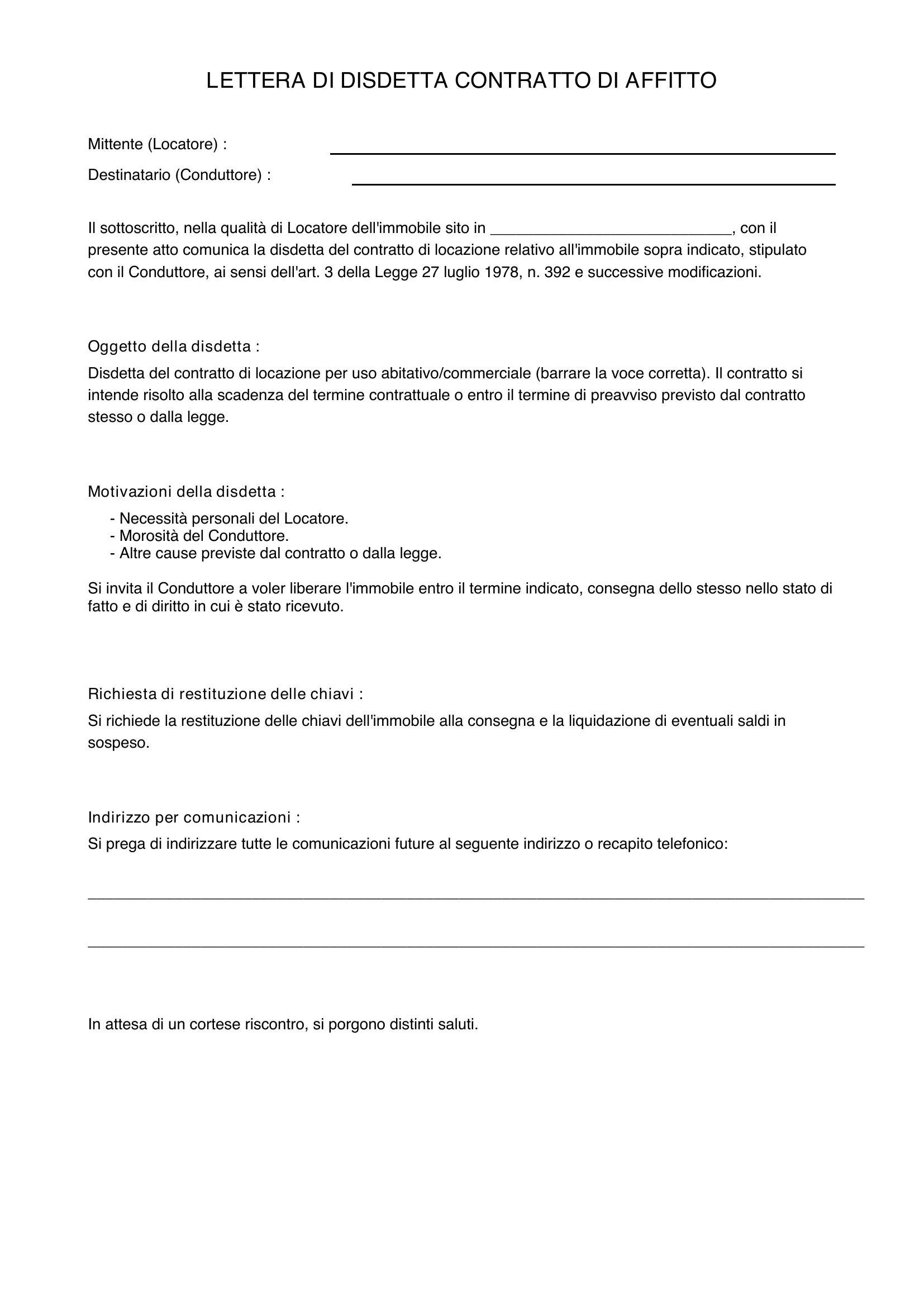 Lettera Disdetta Contratto Affitto Locatore
