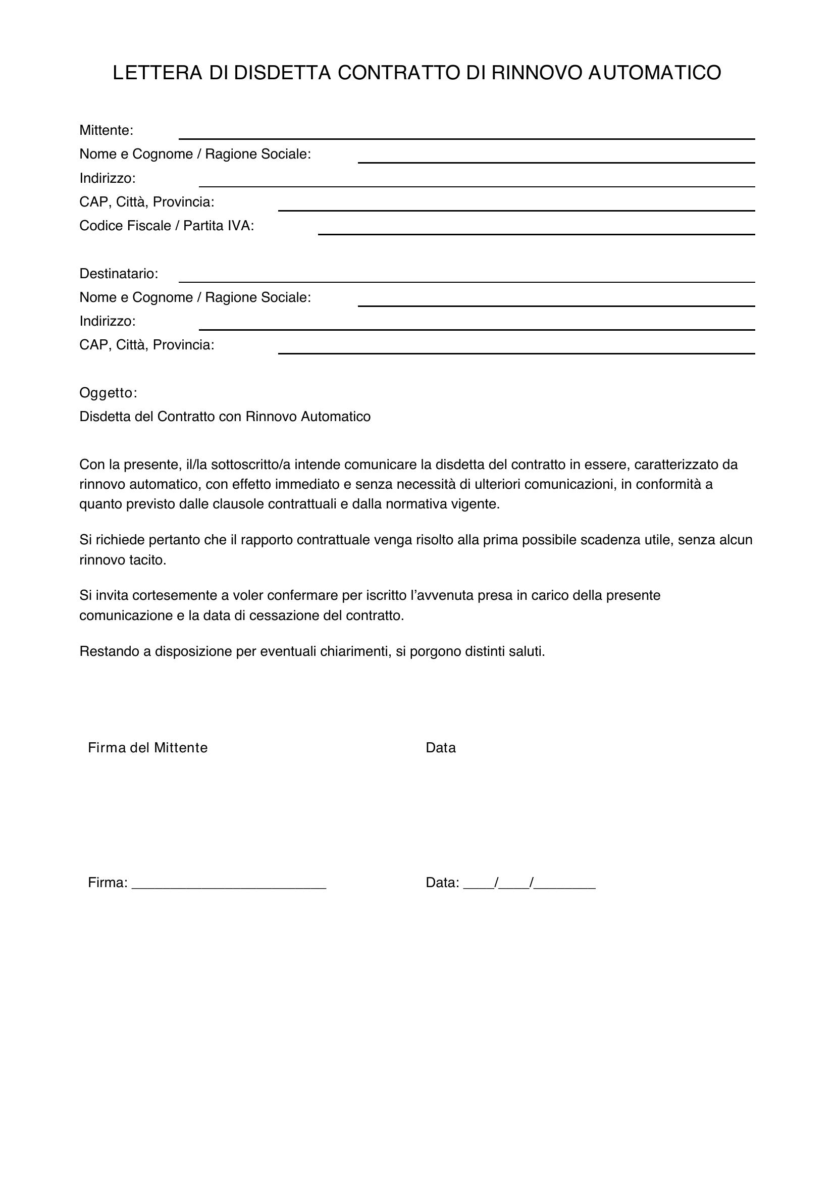 Lettera Disdetta Contratto Rinnovo Automatico