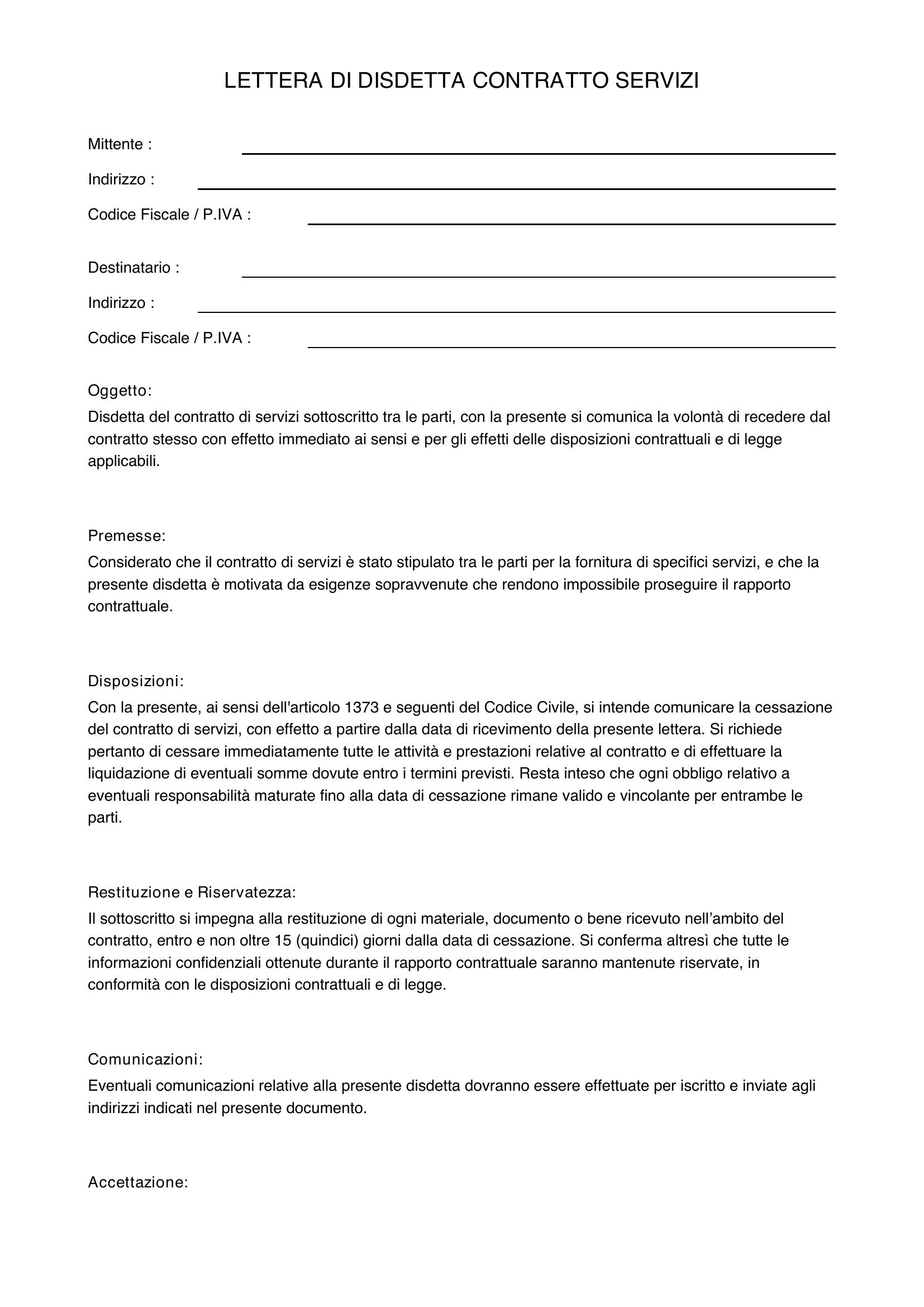 Lettera Disdetta Contratto Servizi