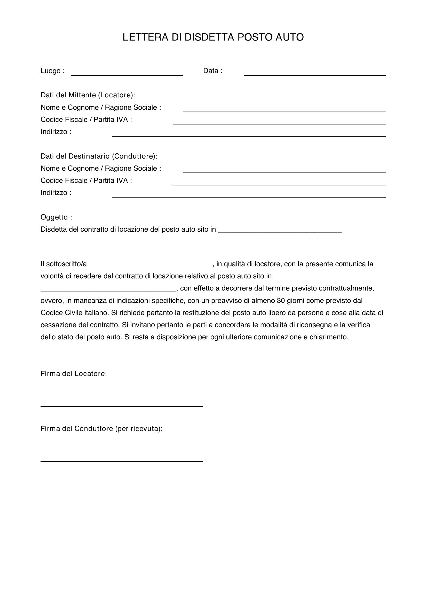 Lettera Disdetta Posto Auto