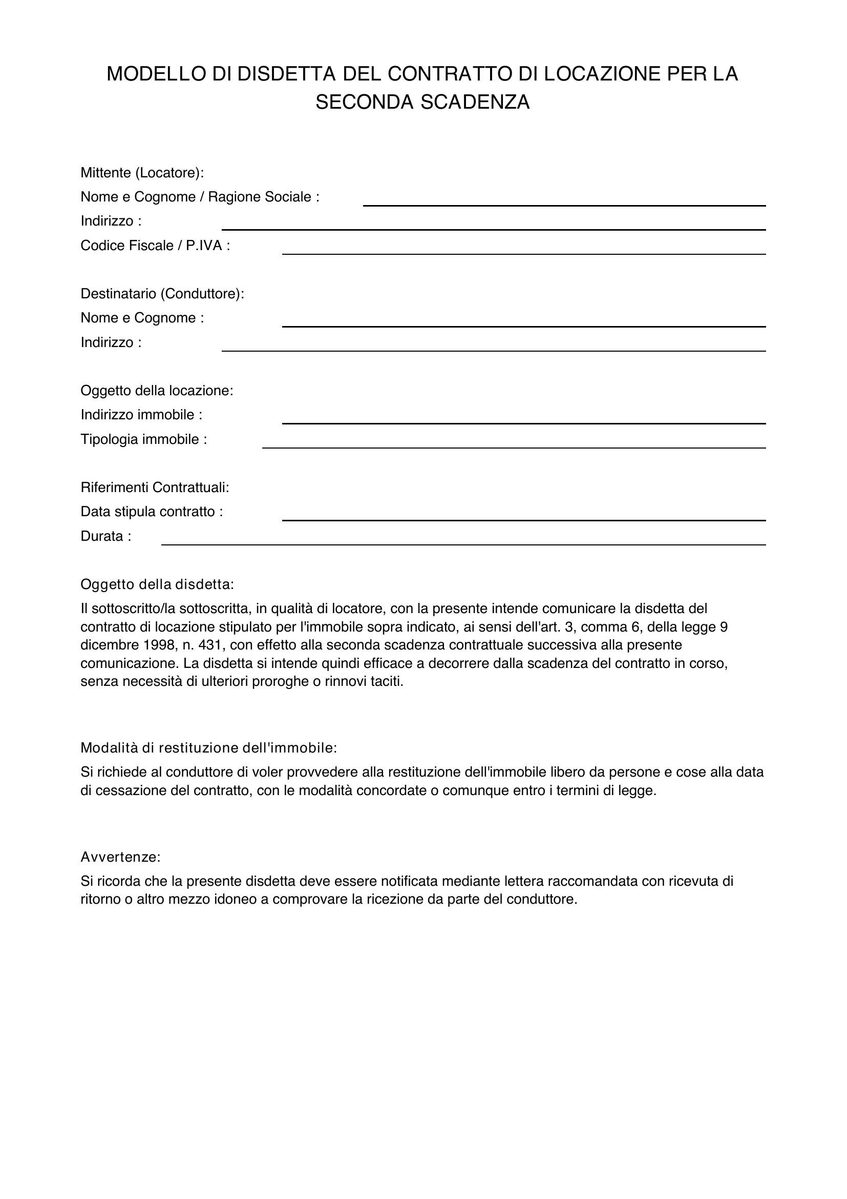 Modello Disdetta Locatore Seconda Scadenza