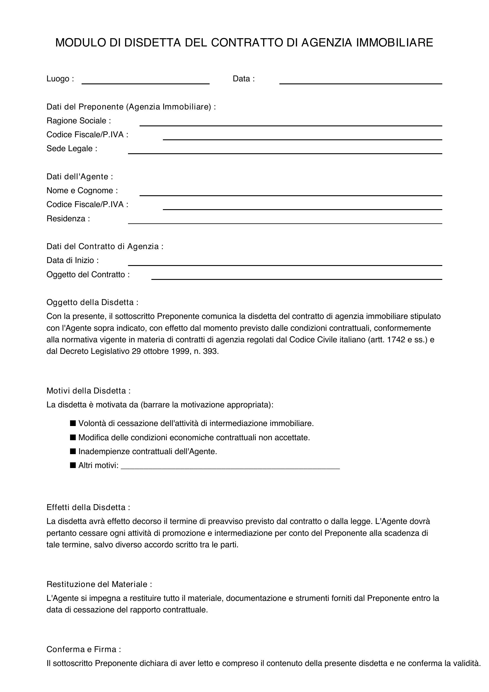 Modulo Disdetta Agenzia Immobiliare