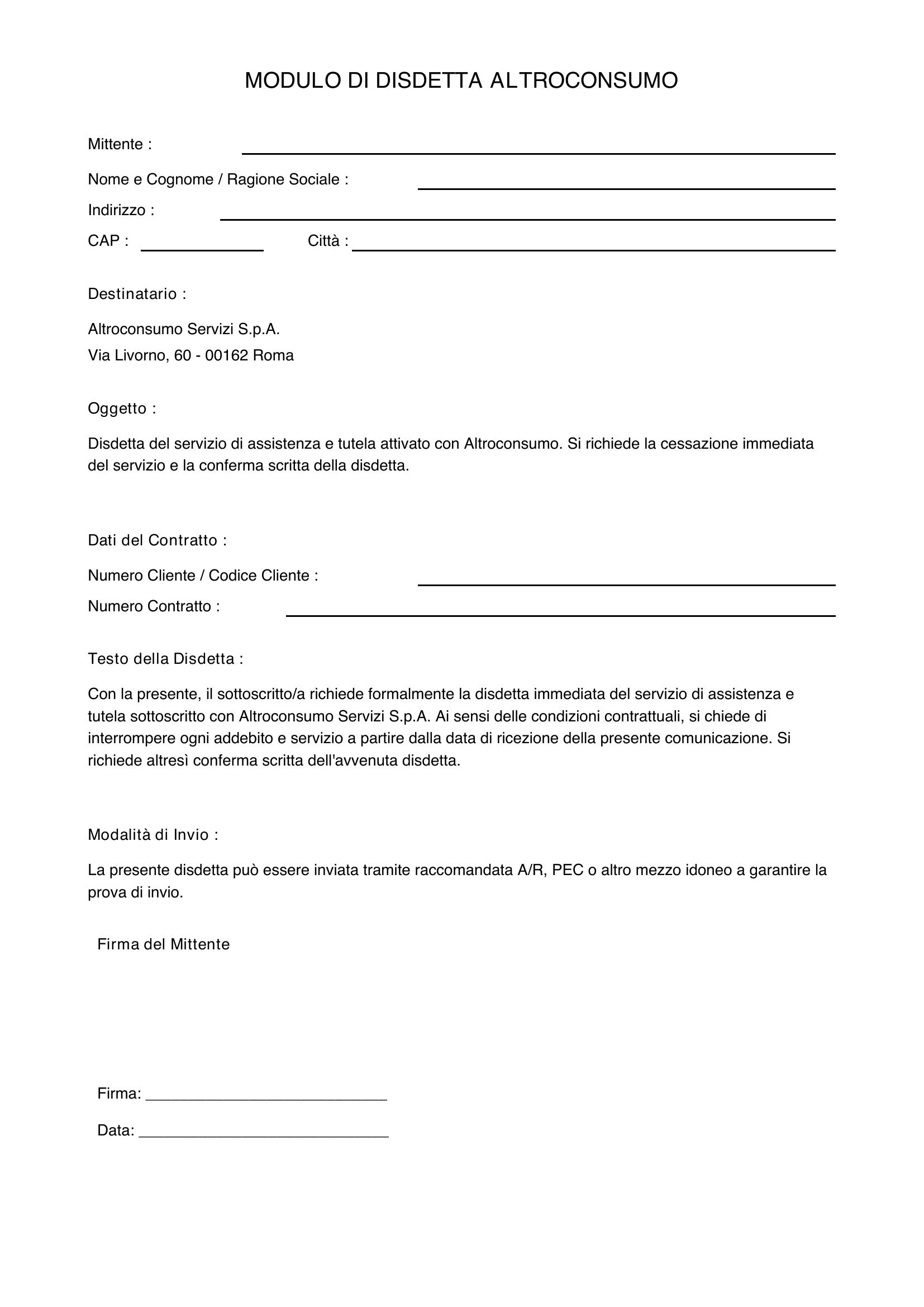Modulo Disdetta Altroconsumo