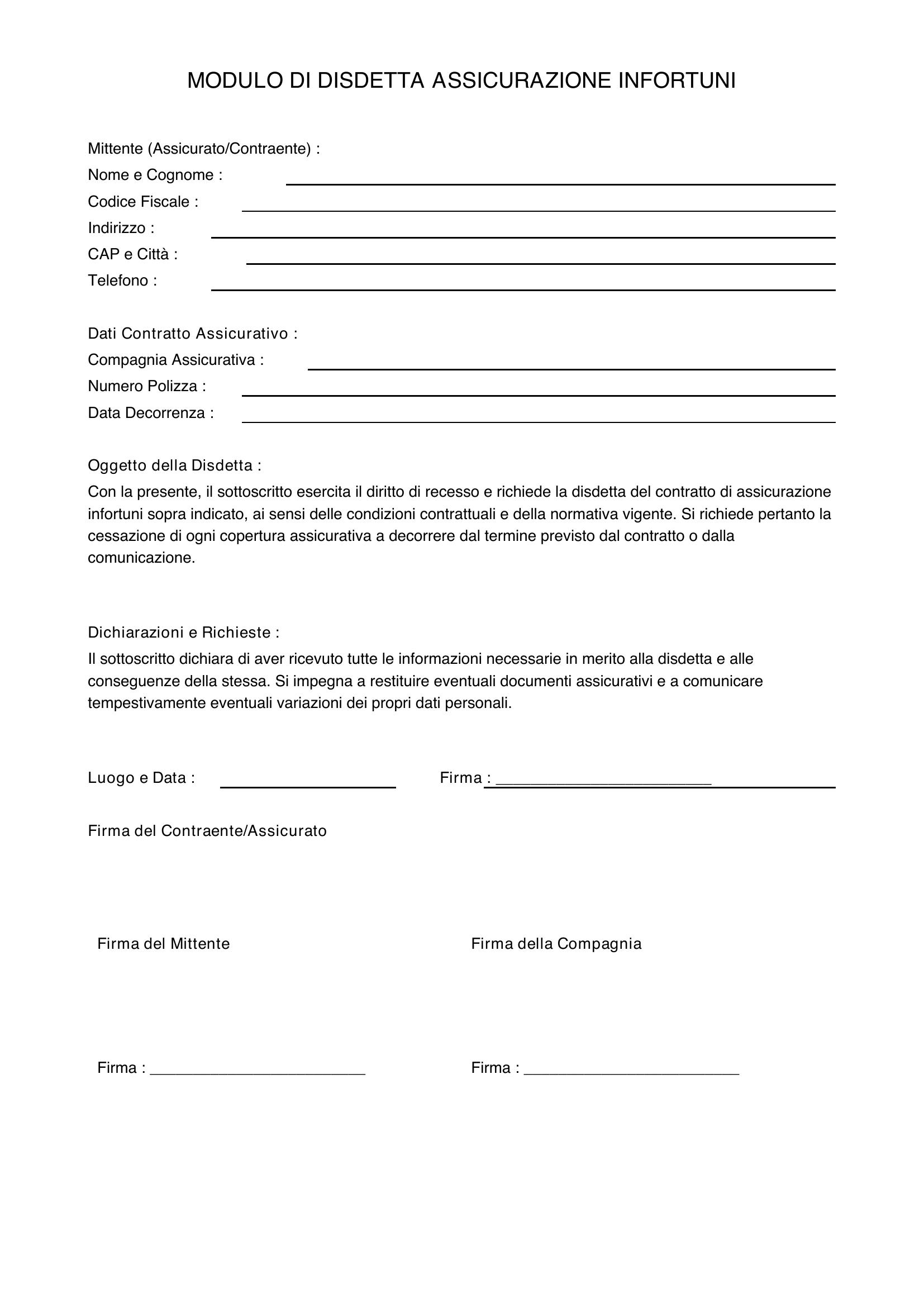 Modulo Disdetta Assicurazione Infortuni