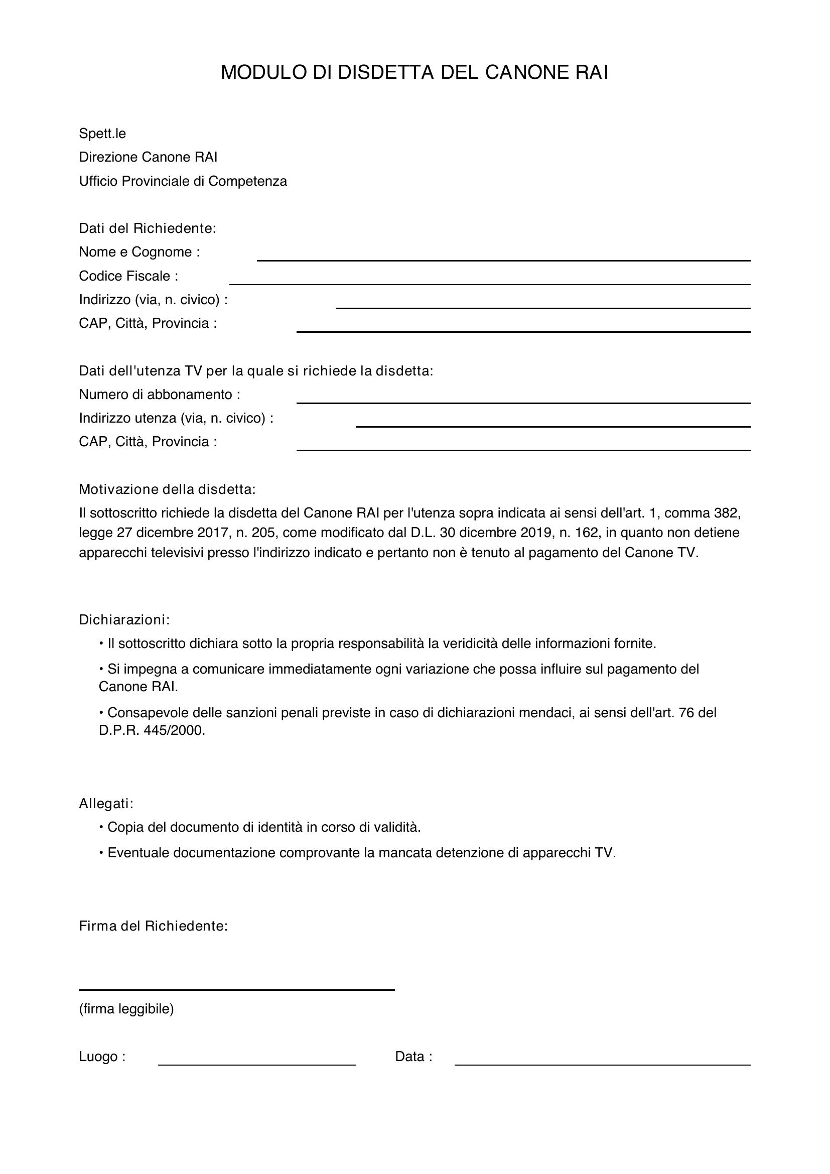 Modulo Disdetta Canone Rai