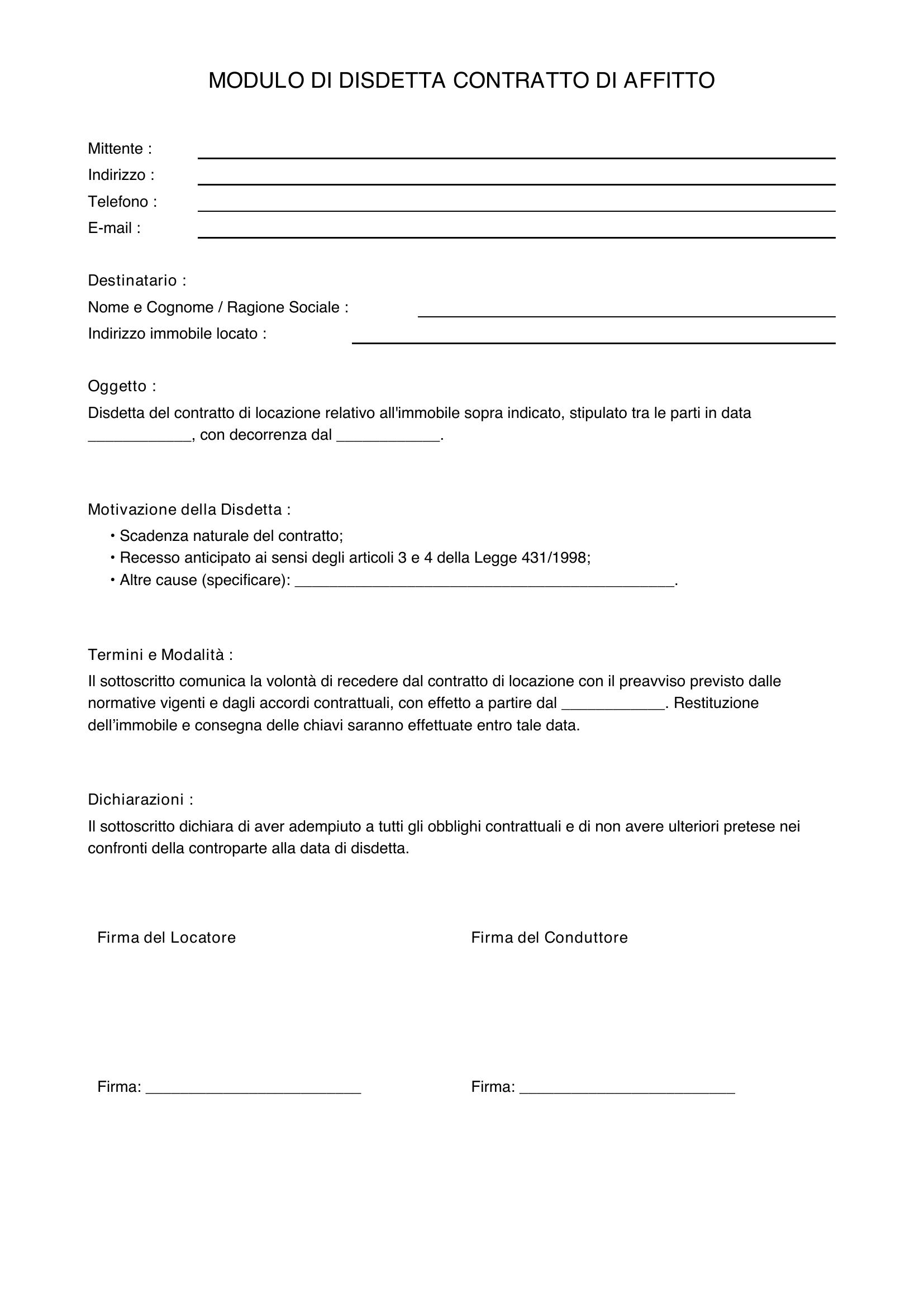 Modulo Disdetta Contratto Affitto