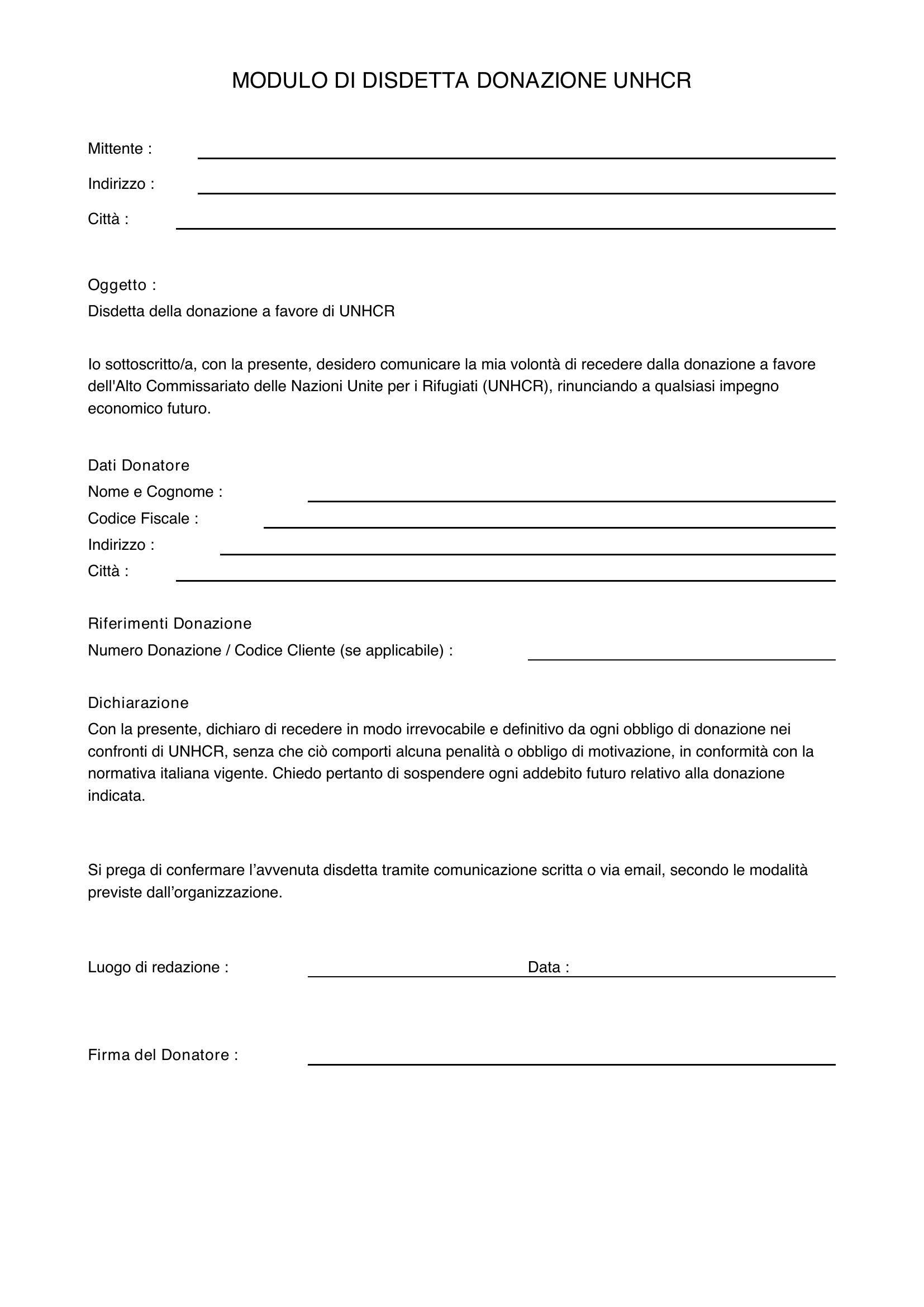 Modulo Disdetta Donazione Unhcr