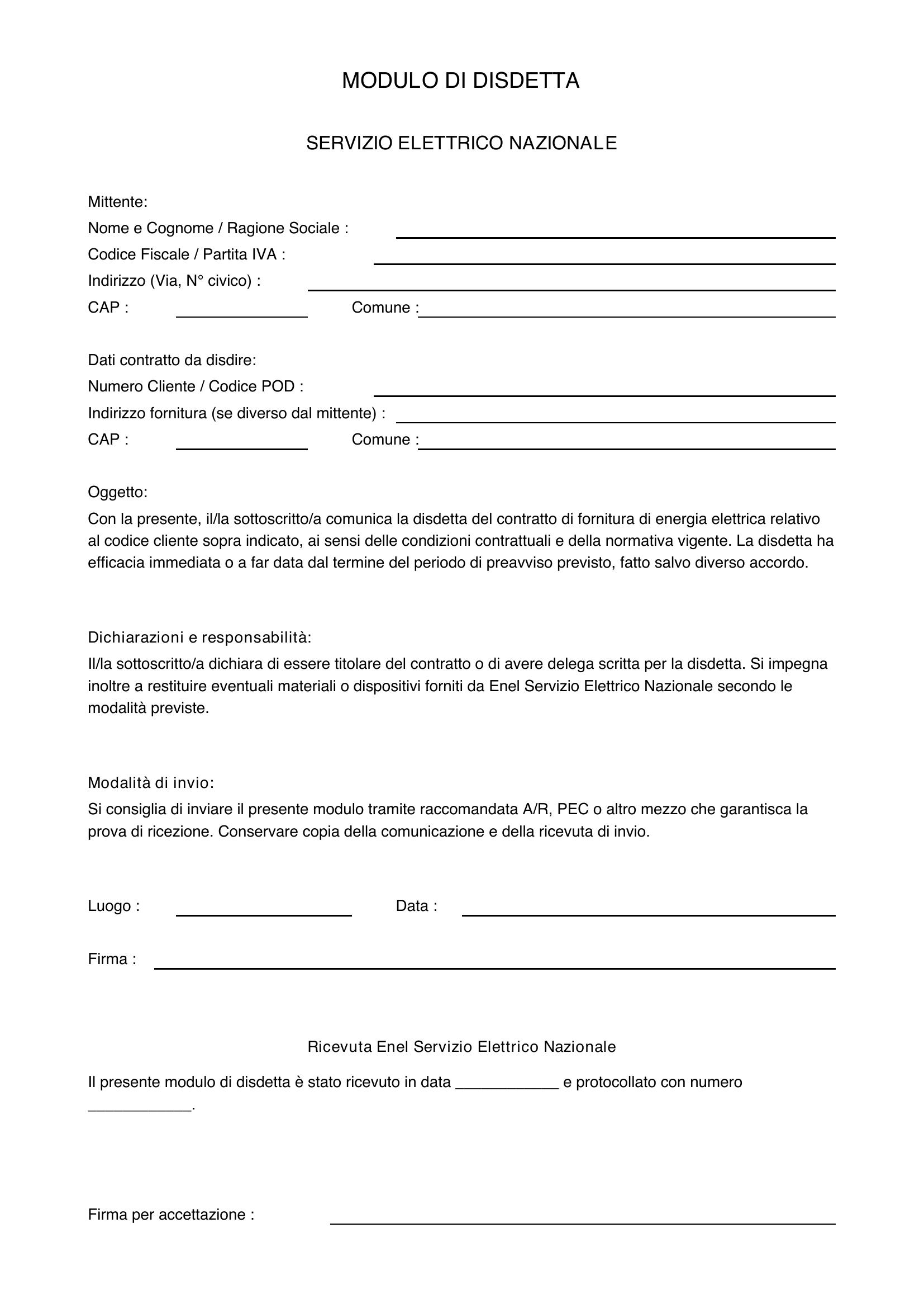 Modulo Disdetta Enel Servizio Elettrico Nazionale