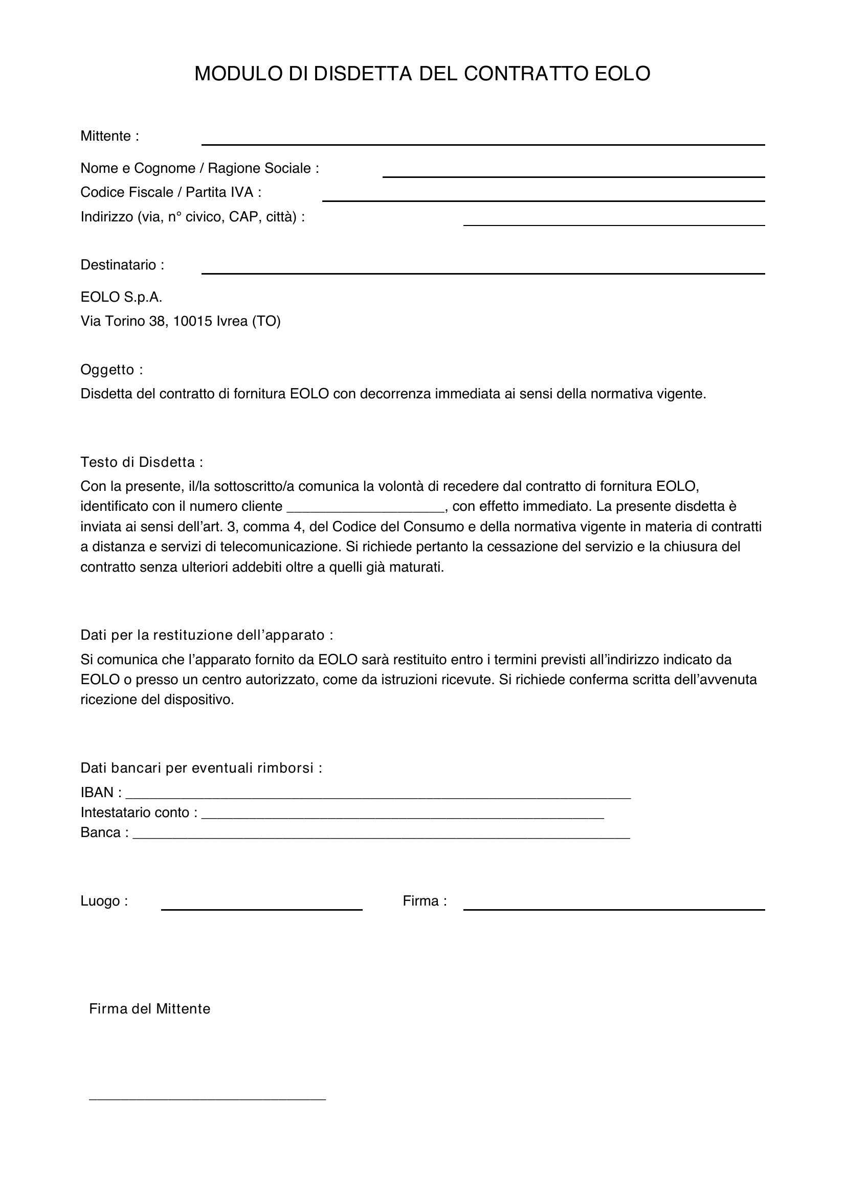 Modulo Disdetta Eolo