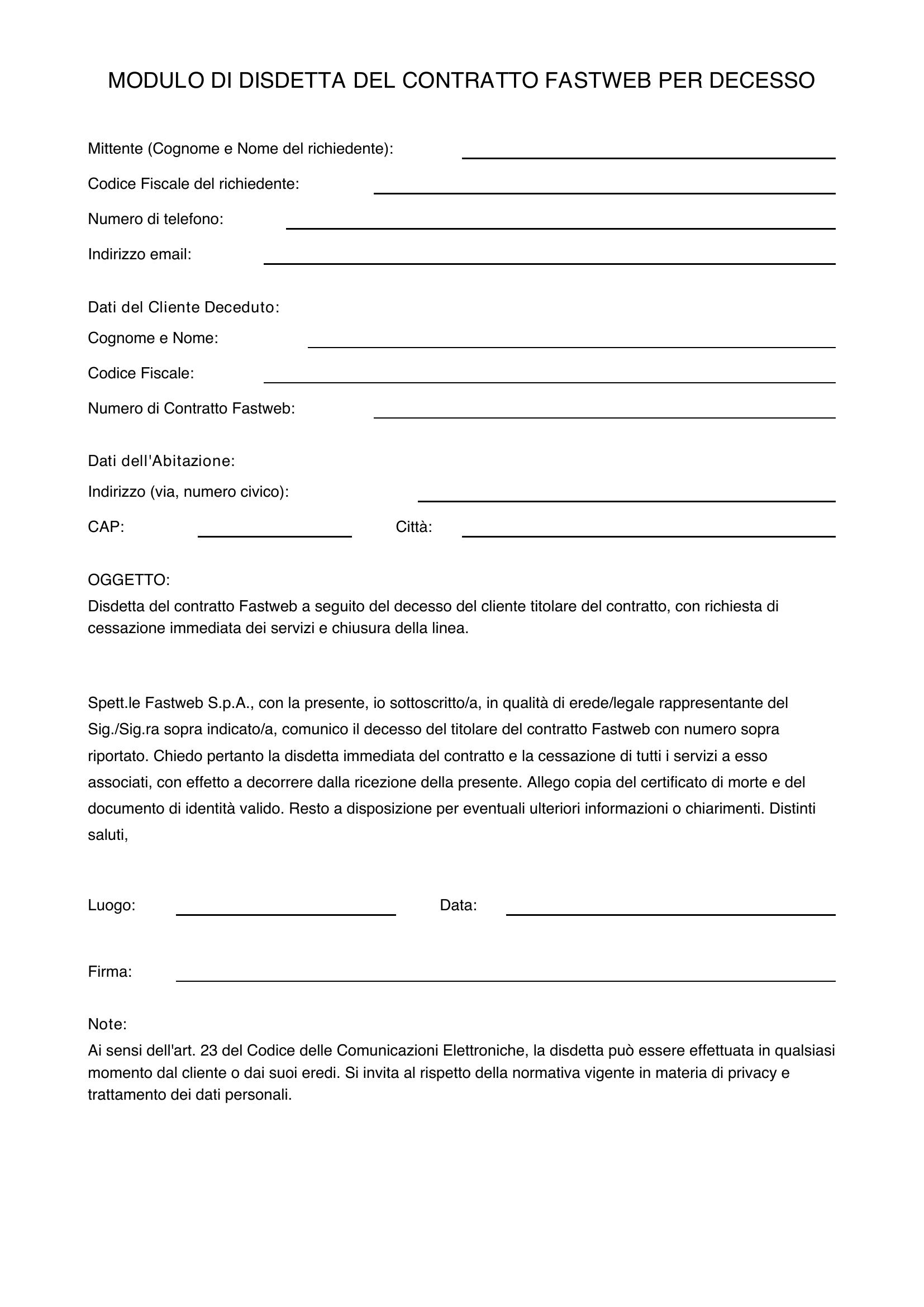 Modulo Disdetta Fastweb Per Decesso