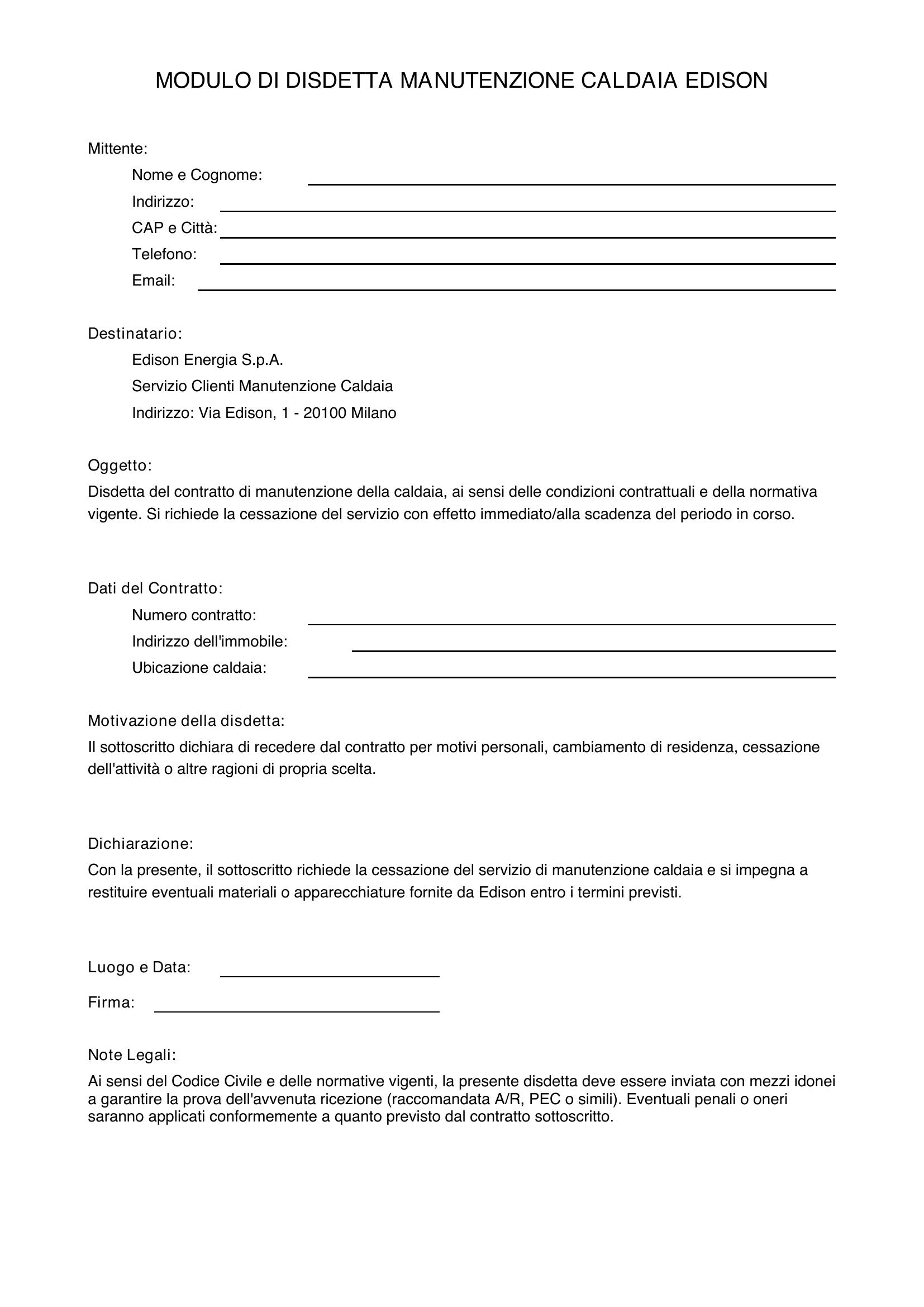 Modulo Disdetta Manutenzione Caldaia Edison