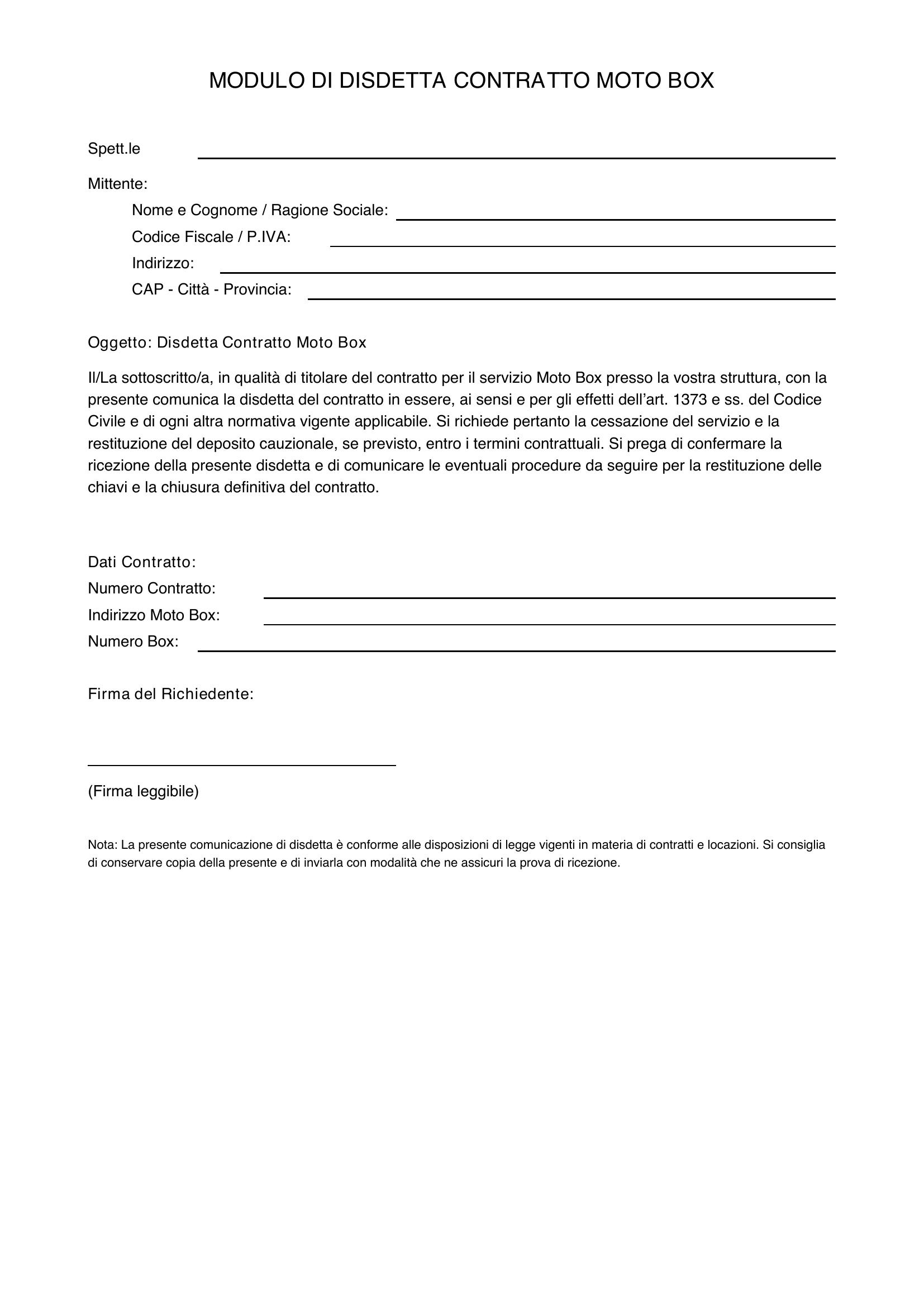 Modulo Disdetta Moto Box