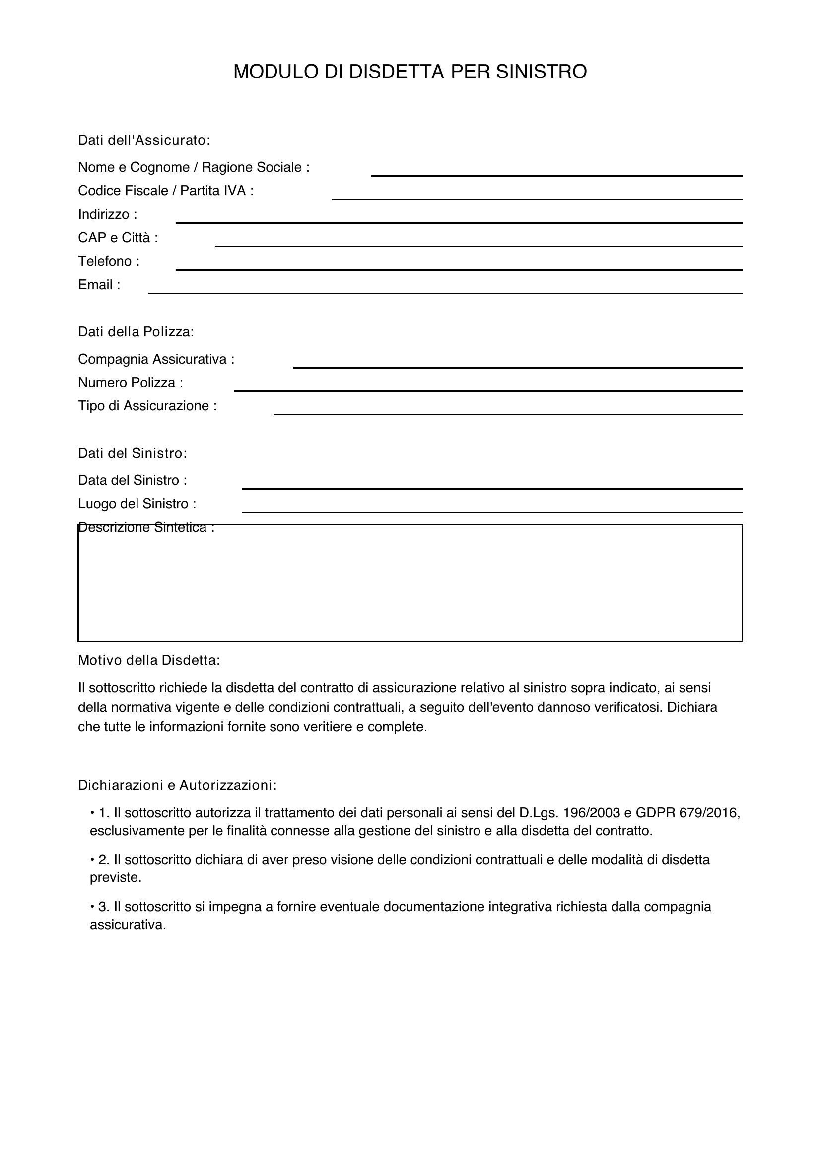 Modulo Disdetta Per Sinistro