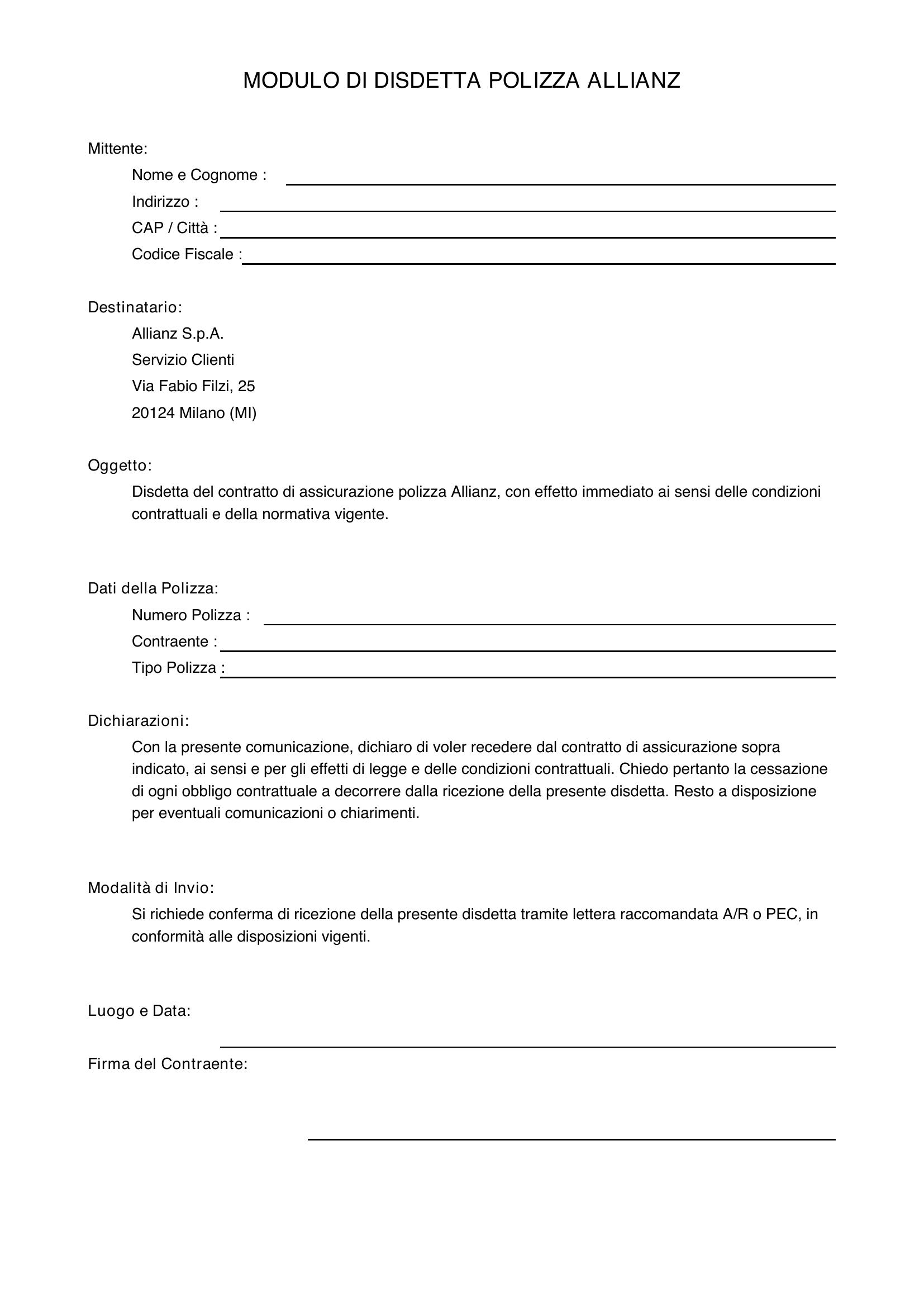 Modulo Disdetta Polizza Allianz