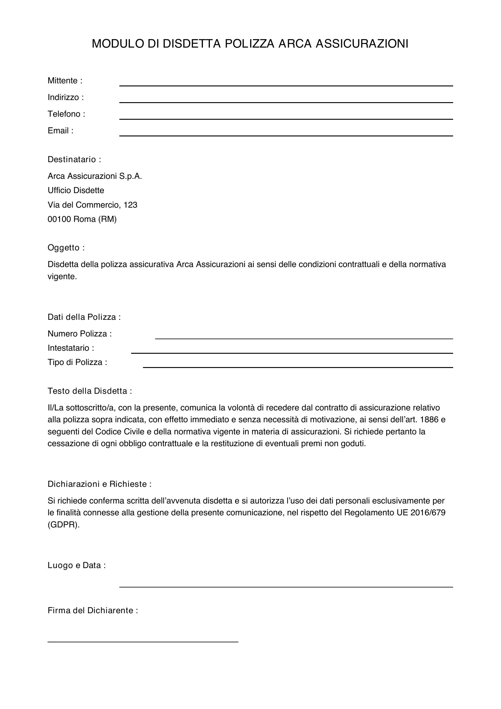 Modulo Disdetta Polizza Arca Assicurazioni