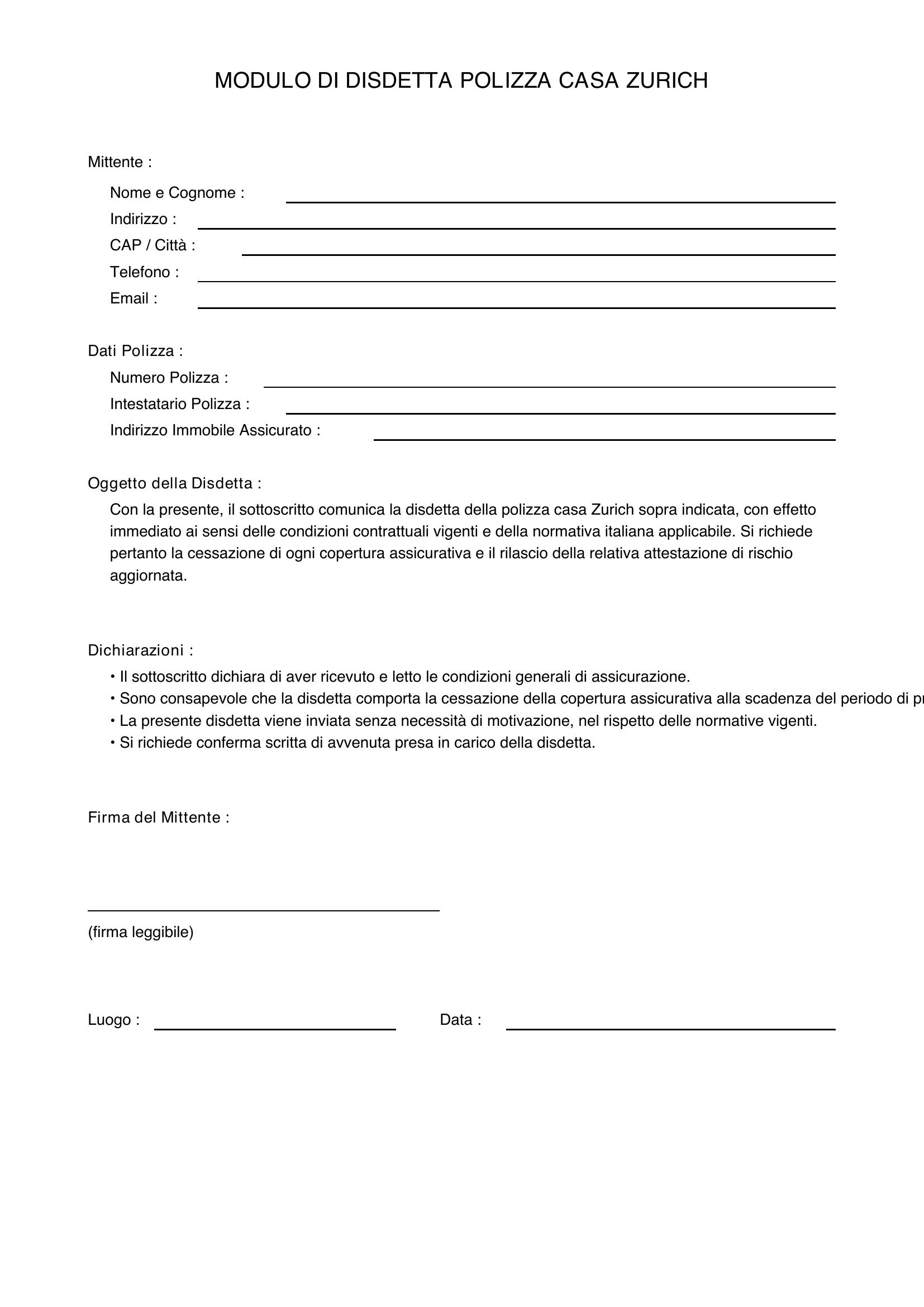 Modulo Disdetta Polizza Casa Zurich