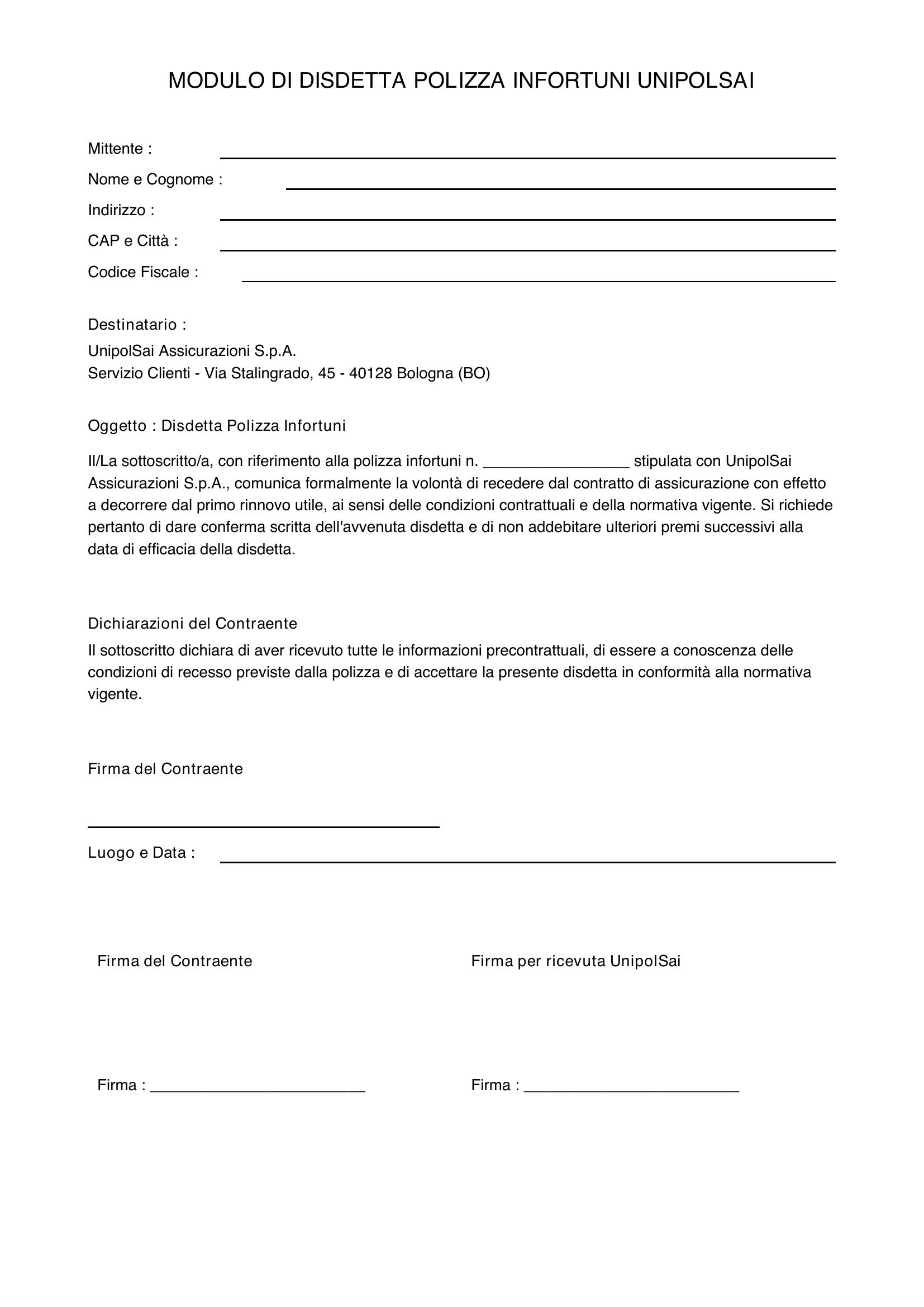 Modulo Disdetta Polizza Infortuni Unipolsai