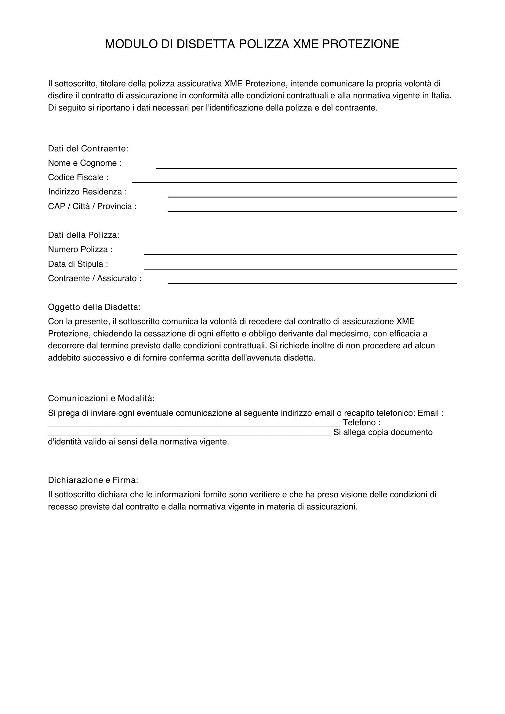 Modulo Disdetta Polizza Xme Protezione