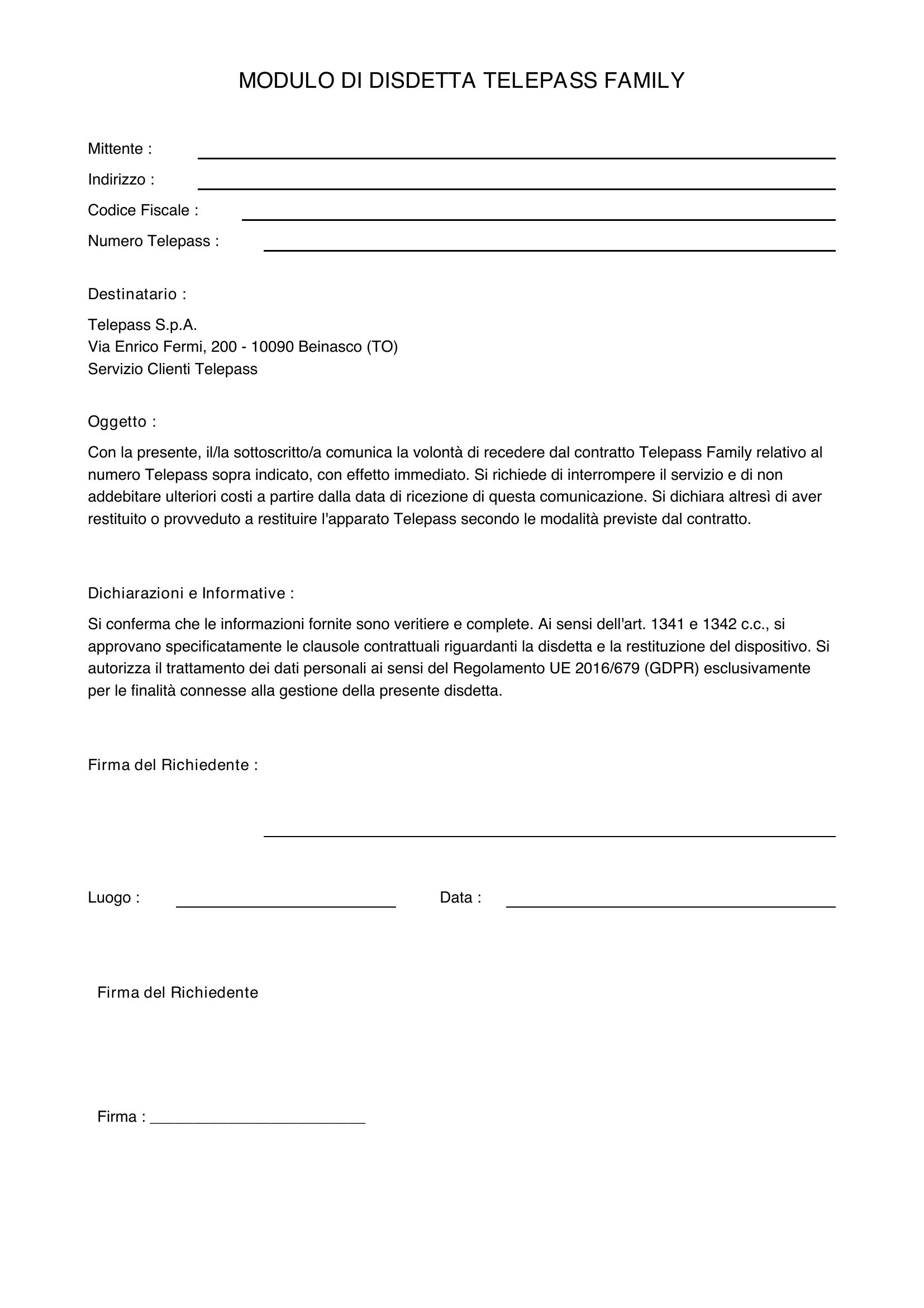 Modulo Disdetta Telepass Family