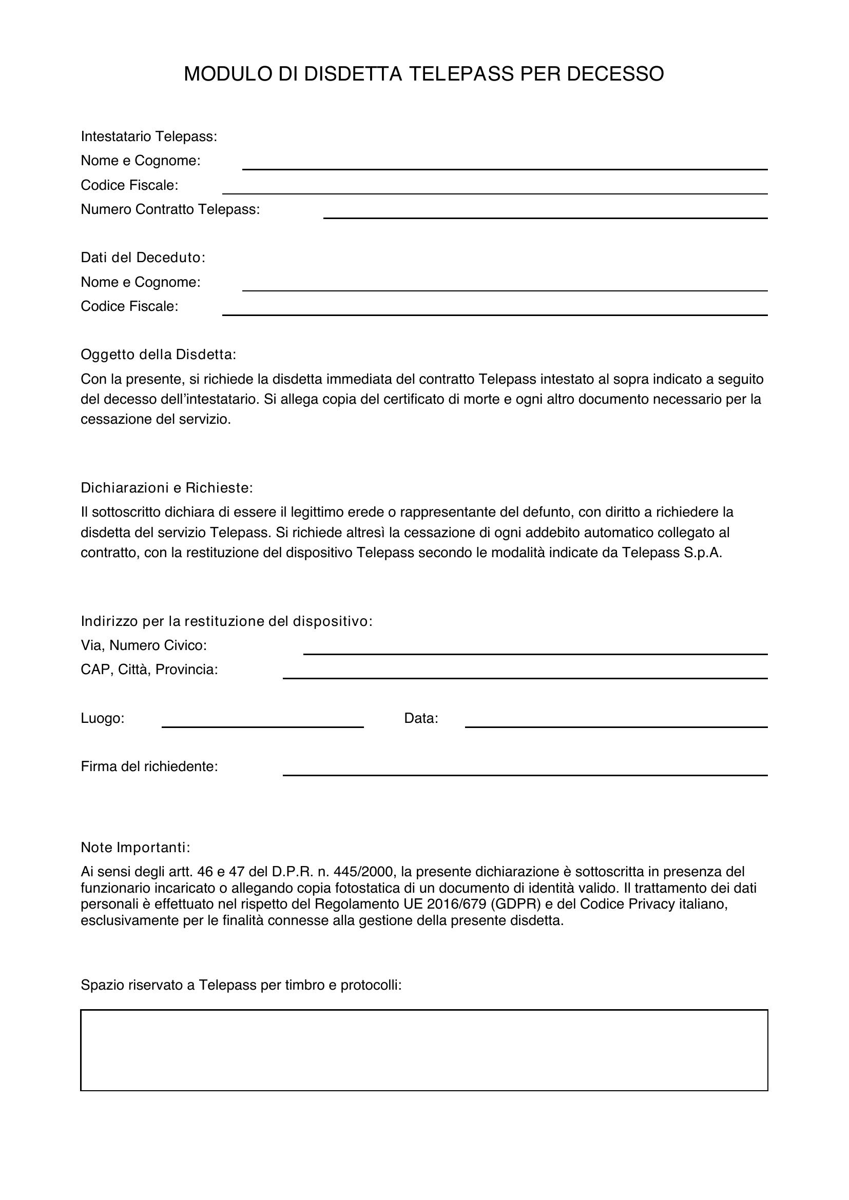 Modulo Disdetta Telepass Per Decesso