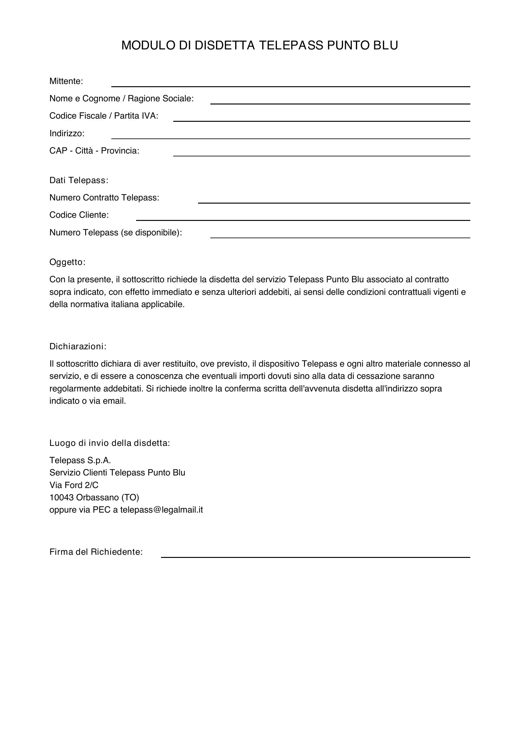 Modulo Disdetta Telepass Punto Blu