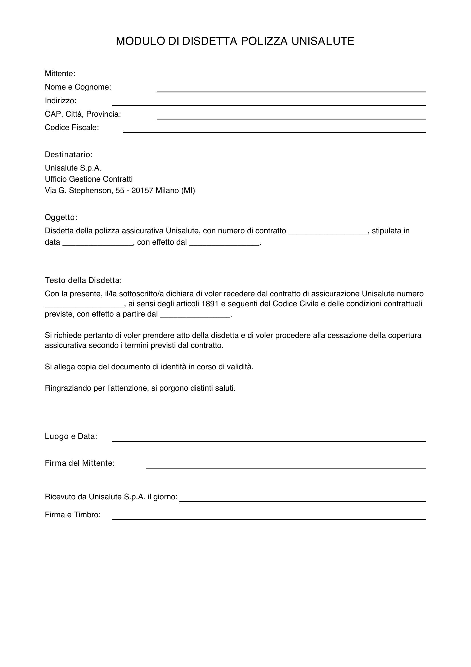 Modulo Disdetta Unisalute