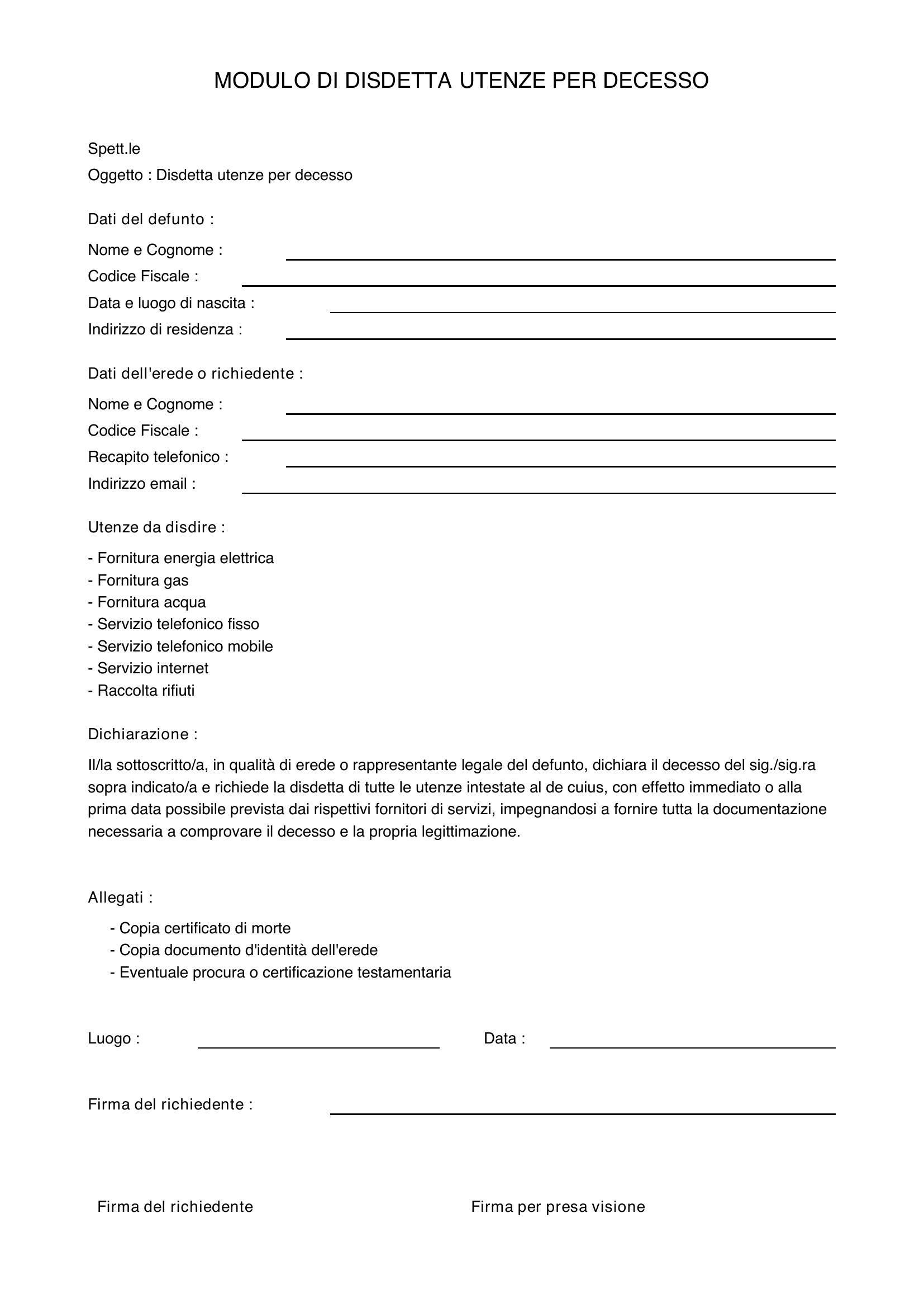 Modulo Disdetta Utenze Per Decesso