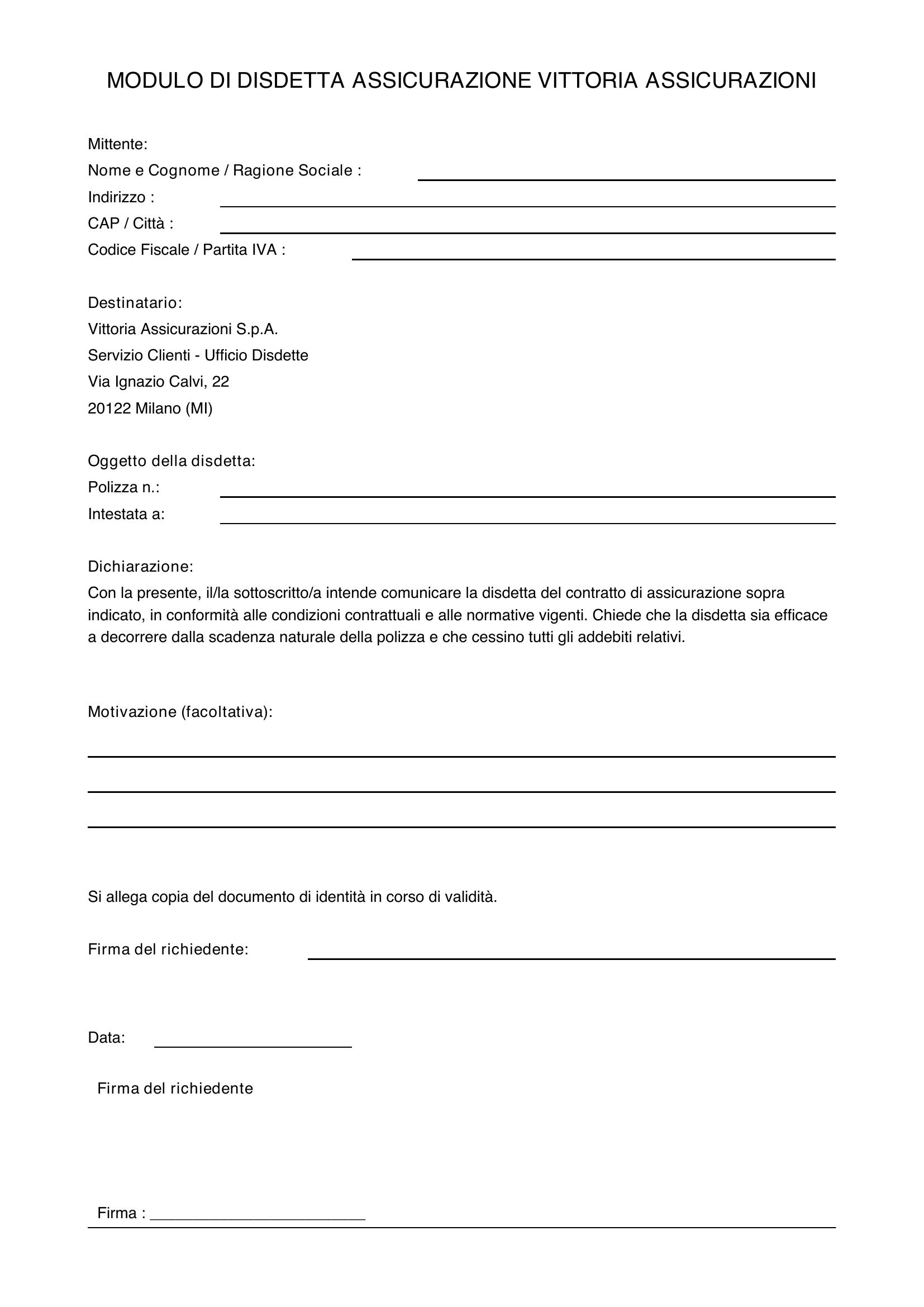 Modulo Disdetta Vittoria Assicurazioni