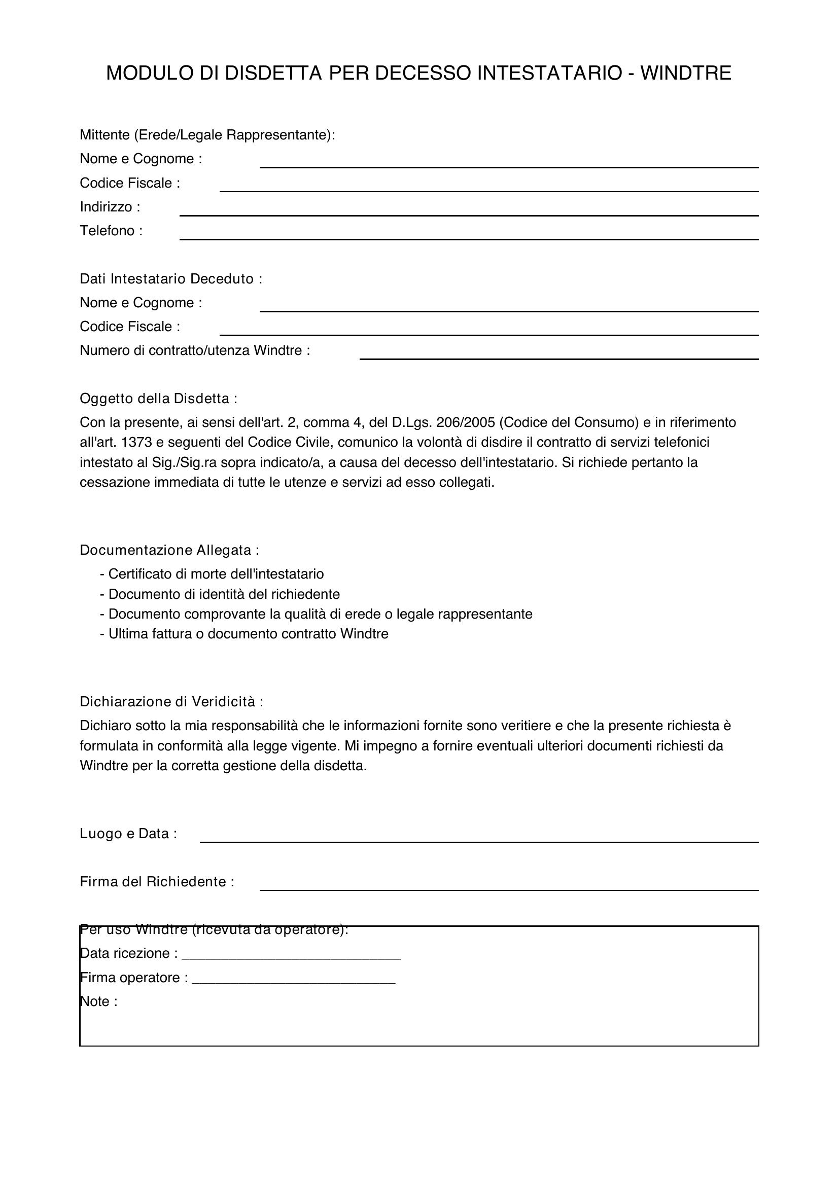 Modulo Disdetta Windtre Per Decesso Intestatario