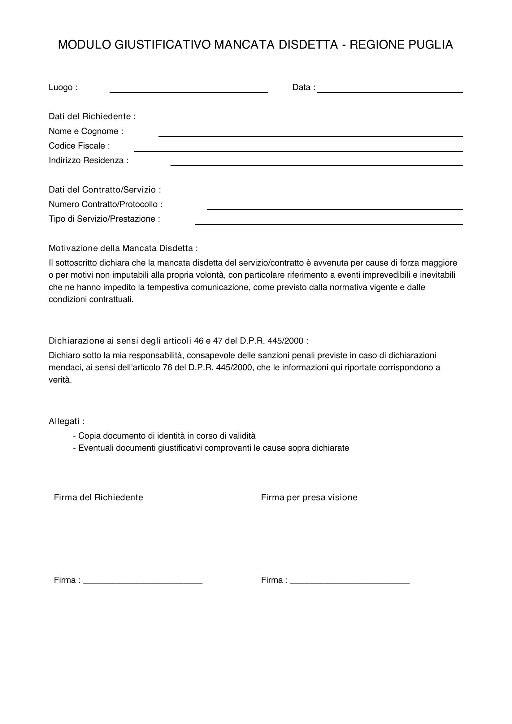 Modulo Giustificativo Mancata Disdetta Puglia
