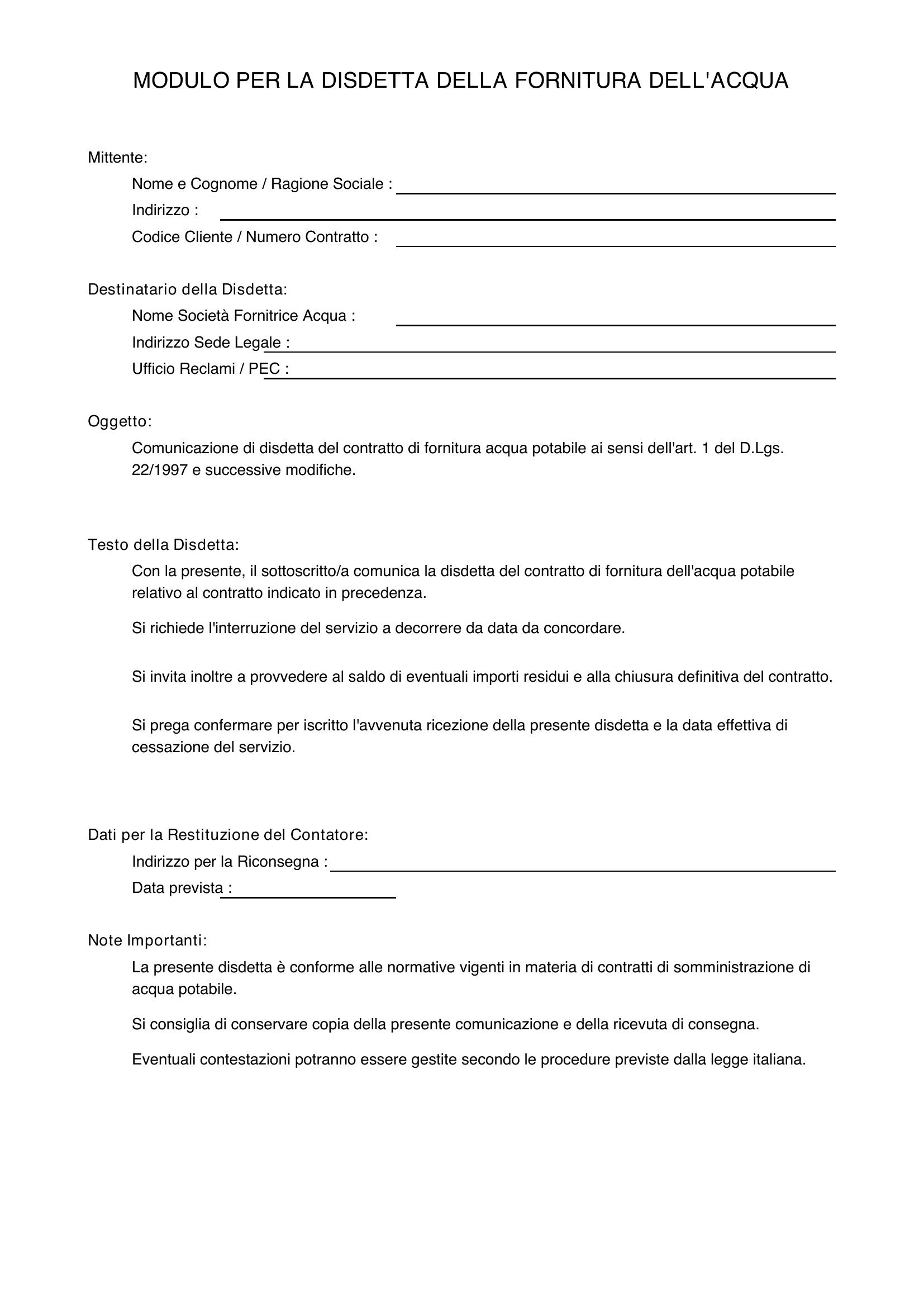 Modulo Per Disdetta Fornitura Acqua